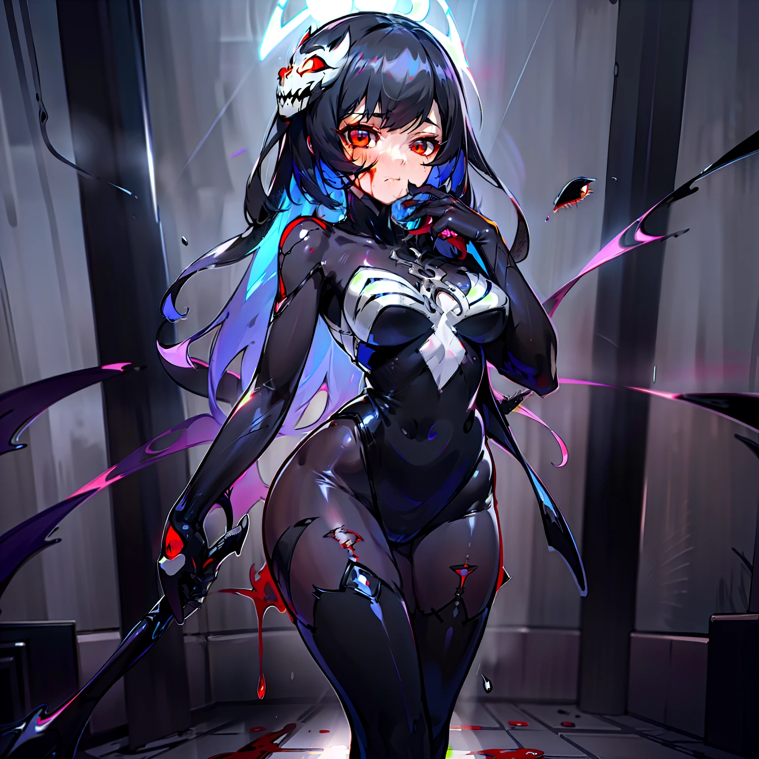 HighestQuali，tmasterpiece，hyper HD），（gem-like eyes，scybernetic），（cyber punk style，Shiny black skin tights，Transparent high-tech material，realisticlying, 1girll, Blue hair, Red eyes, 比基尼,  light particules, llight rays,black lence stockings，Chiaroscuro, Ray tracing, Cinematic lighting， 1girll， 独奏， standing on your feet， hair adornments， Red eyes， Heartless expression， blood stain， terroral， Clear one-piece stockings，Red eyes，Blackened，long black gloves，Jumpsuits，Skinny one-piece stockings，Highlight her gorgeous figure,Wrap the whole body，Sheer jumpsuit，Red eyes，Venom possession，Blackened，long black gloves，Jumpsuits，Clear black one-piece stockings，Blood-red eyes，Best quality, high resolution, Ultra-detailed, Vivid texture, Mask, bangs，Wear socks，Tears，Wrapped in black slime