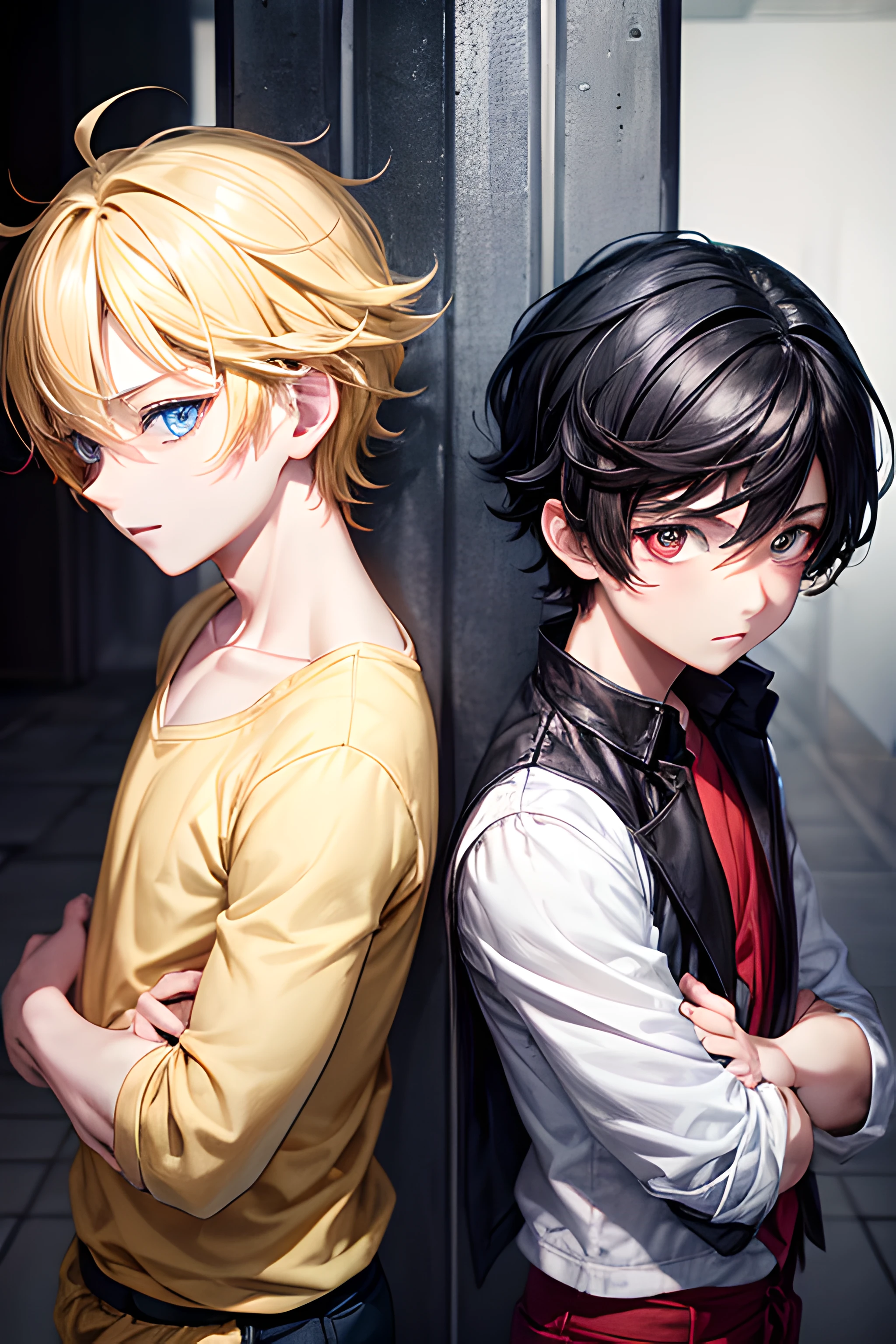 two boys , little boys , One of them has black hair and red eyes, and the other has yellow hair and blue eyes , red eyed black hair