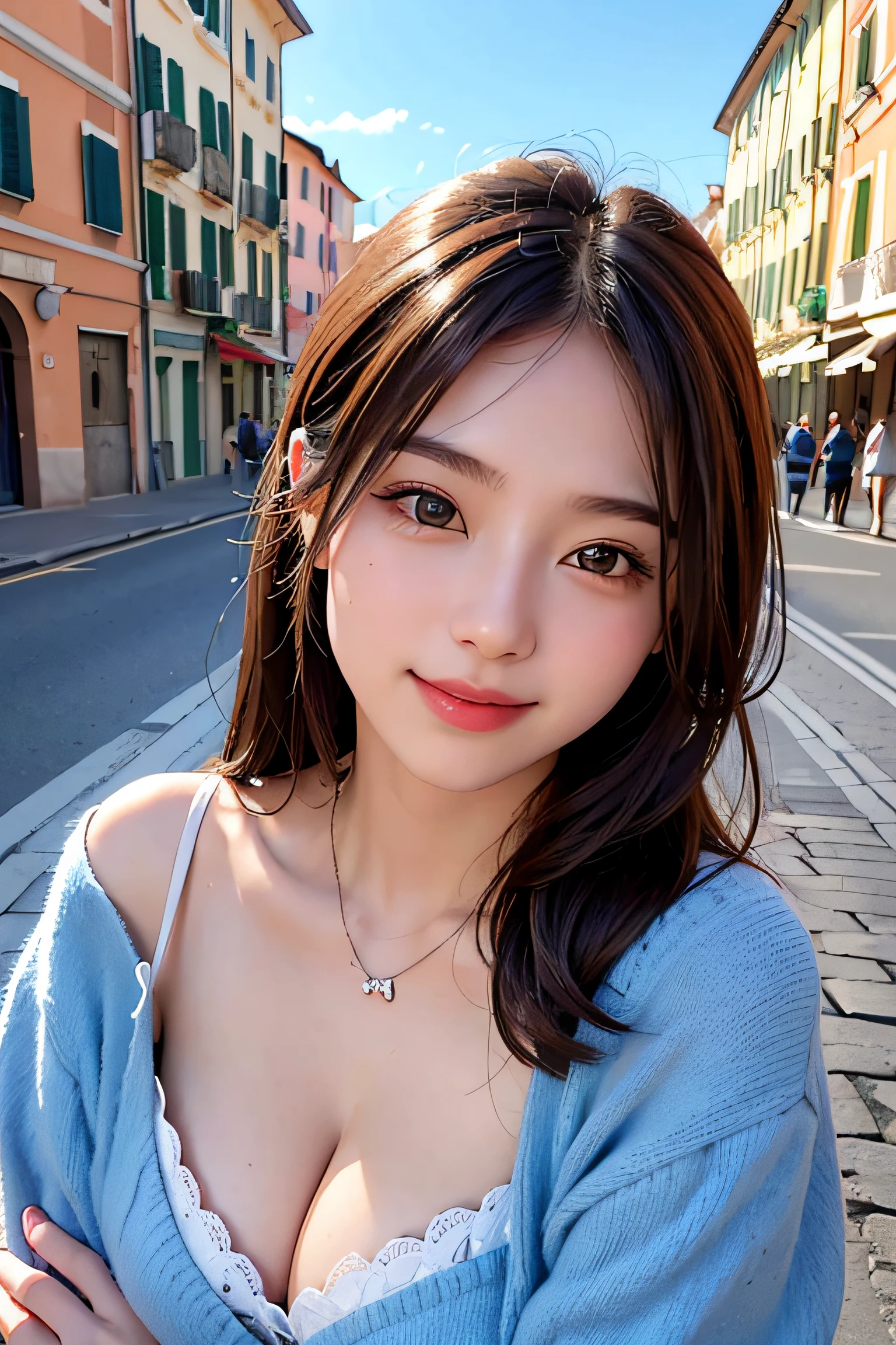 1girl in、Italy、Daytime、A city scape、A smile、The upper part of the body、a closeup、8K、Raw photography、top-quality、​masterpiece、realisitic、Photorealsitic、
