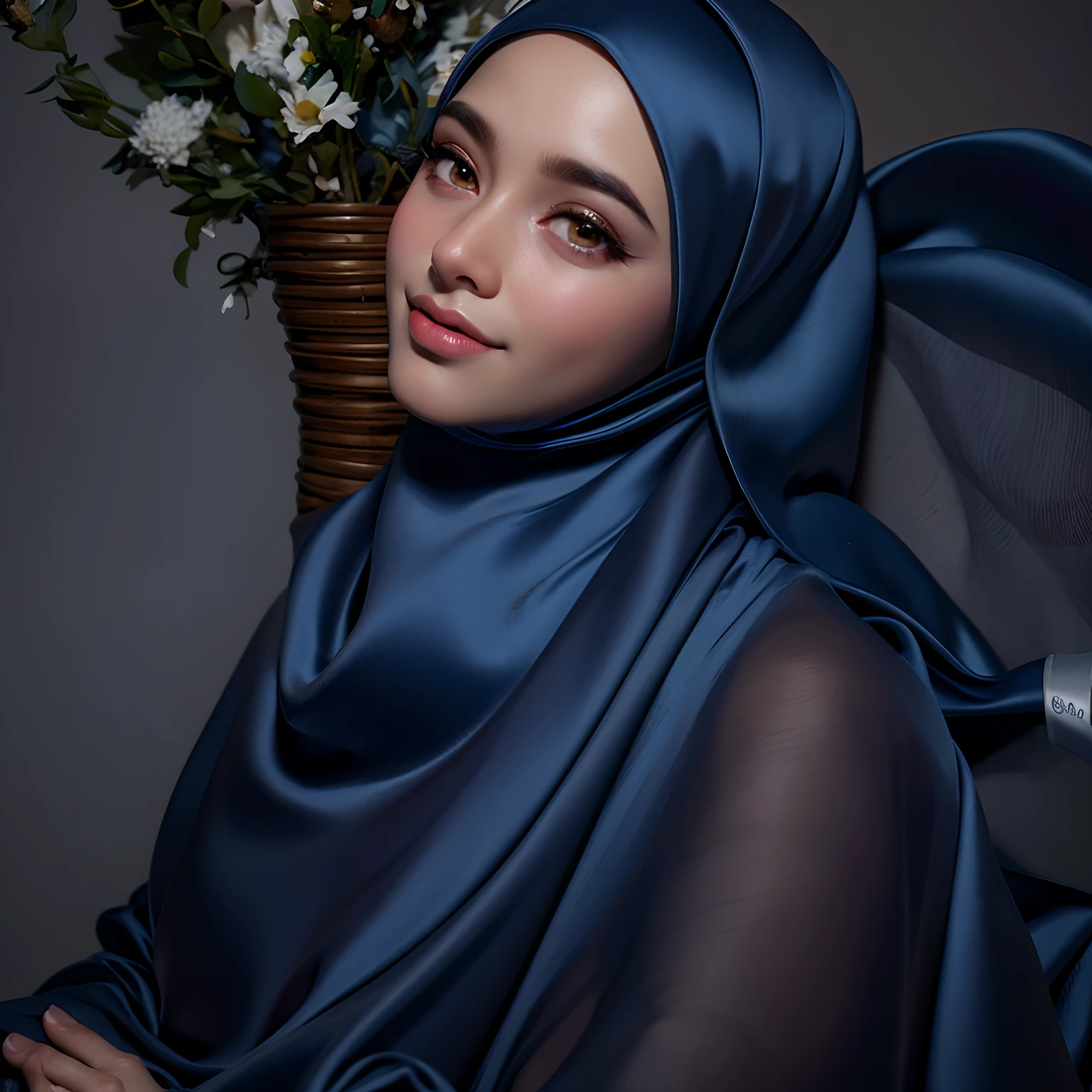 3dmm style, Masterpiece, best quality, photography, detailed skin, realistic, photo-realistic, 3D Character Design, pixar, real cartoon, 8k, highly detailed, full length frame, High detail RAW color art, diffused soft lighting, shallow depth of field, sharp focus, hyperrealism, cinematic lighting, ((close up)) hijab, a woman, beautifully makeup, brown beautiful big eyes, long eye lashes, wearing (Dark blue satin hijab), loosely tide hijab style, gray satin robe,e