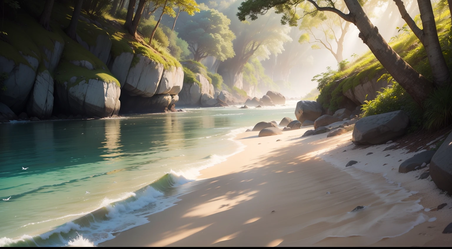 Que quadro maravilhoso! 🏞 It's like a tropical dream! 😁 Imagine-se um rio profundo, running like a piece of crystal, claro e transparente. Da borda da floresta, where are the birds singing and the leaves stirring by the wind, the river flows to the beach, where the sand is white and the steps of the bank glow in the sunlight.