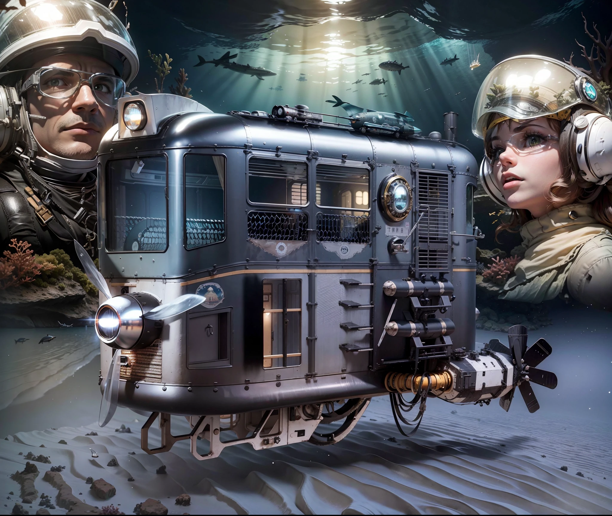 Um Train Black Submarine em primeiro plano e tripulantes do mini submarino no background, ao fundo, mar transparente com a fauna marinha e um raio de luz atravessando as profundezas do mar