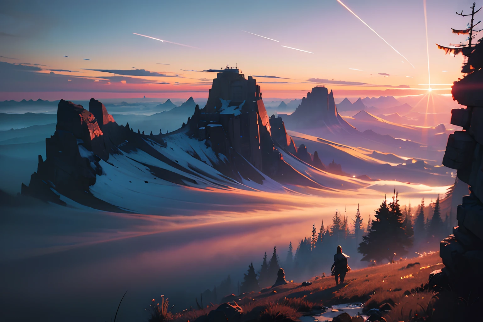 A beautiful landscape at dawn by atey ghailan, ismail inceoglu, michal lisowski, artstation, volumetric light, high detail, perfect
