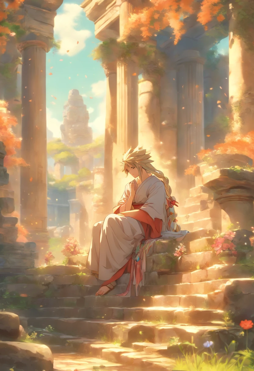 the best quality, very high resolution, detailed 4K CG, master piece,A man sitting on a stone, oracle,soft smoke,seer,fortune teller,Ancient Roman style, ancient garden behind her, beautiful aesthetics, Huge pillars and flowers, beautiful ancient garden behind, Beautiful image, ruin, Beautiful ancient ruins in the back,
