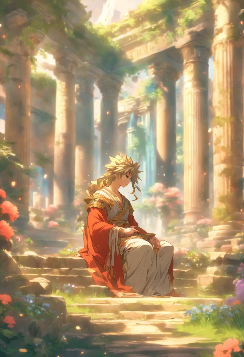 the best quality, very high resolution, detailed 4K CG, master piece,A man sitting on a stone, oracle,soft smoke,seer,fortune teller,Ancient Roman style, ancient garden behind her, beautiful aesthetics, Huge pillars and flowers, beautiful ancient garden behind, Beautiful image, ruin, Beautiful ancient ruins in the back,