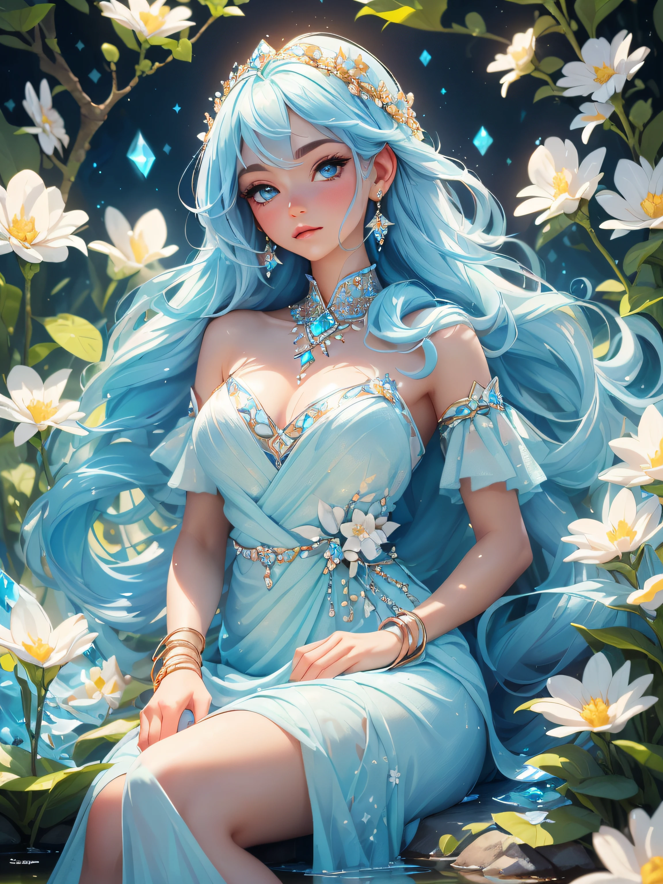 (Masterpiece), (Best Quality), (Ultra Fine), (Pan Hair), (Illustration), (1 Girl), (Fashion Clothing), Standing, Fashion Model, Looking at the Audience, (Background Forest), Beautiful Delicate Eyes, Delicate Beauty, Floating, (High Saturation), (Colorful Splashes), ,(Full Body)(Beautiful Figure), Focus on Face, Ponytail, Lining, Light Blue Hair, Bangs, Hair Ring, Floating Flowers, Flowing Hair, (Shiny), Best Lighting, Best Shadows, Vistas, In the forest, there are pets
