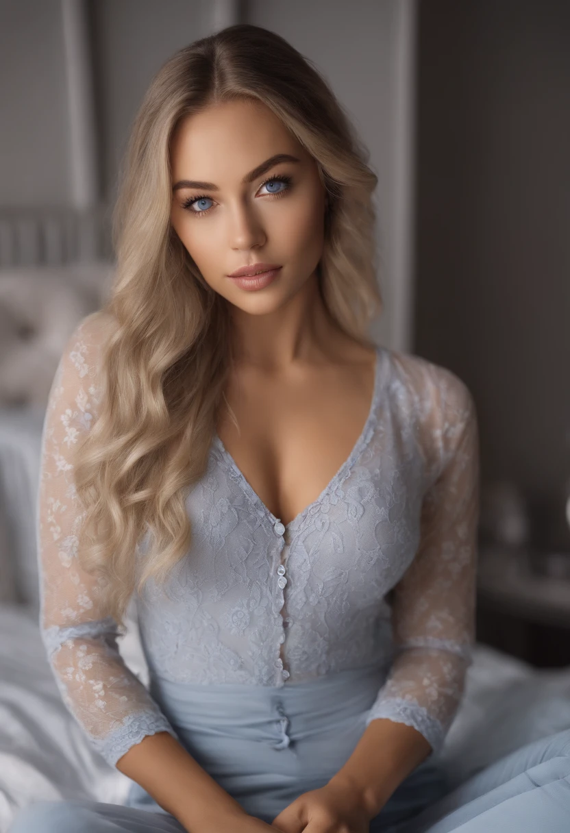 arafed woman fully , sexy girl with blue eyes, ultra realistic, meticulously detailed, portrait sophie mudd, blonde hair and large eyes, selfie of a young woman, bedroom eyes, violet myers, without makeup, natural makeup, looking directly at the camera, face with artgram, subtle makeup, stunning full body shot kneeling on bed, in bedroom, medium to large size bust mixed race