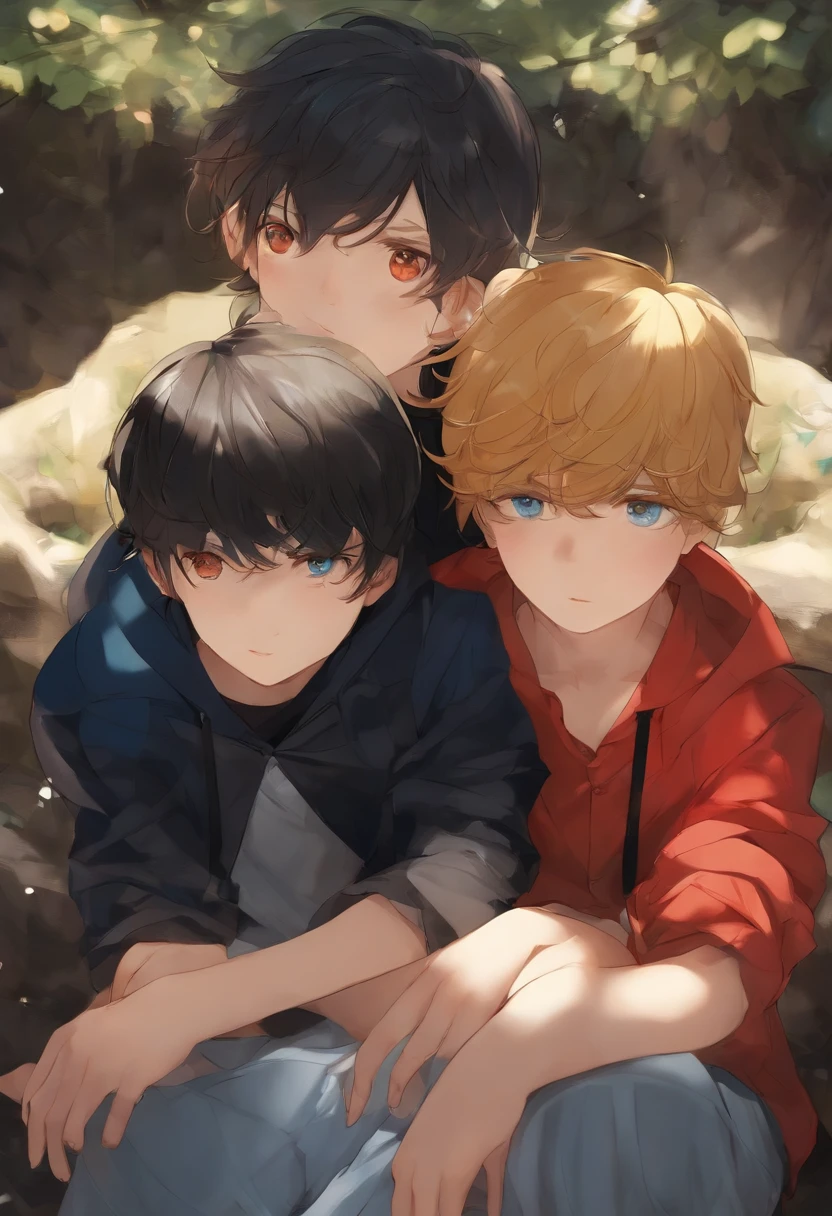 two boys , little boys , One of them has black hair and red eyes, and the other has yellow hair and blue eyes