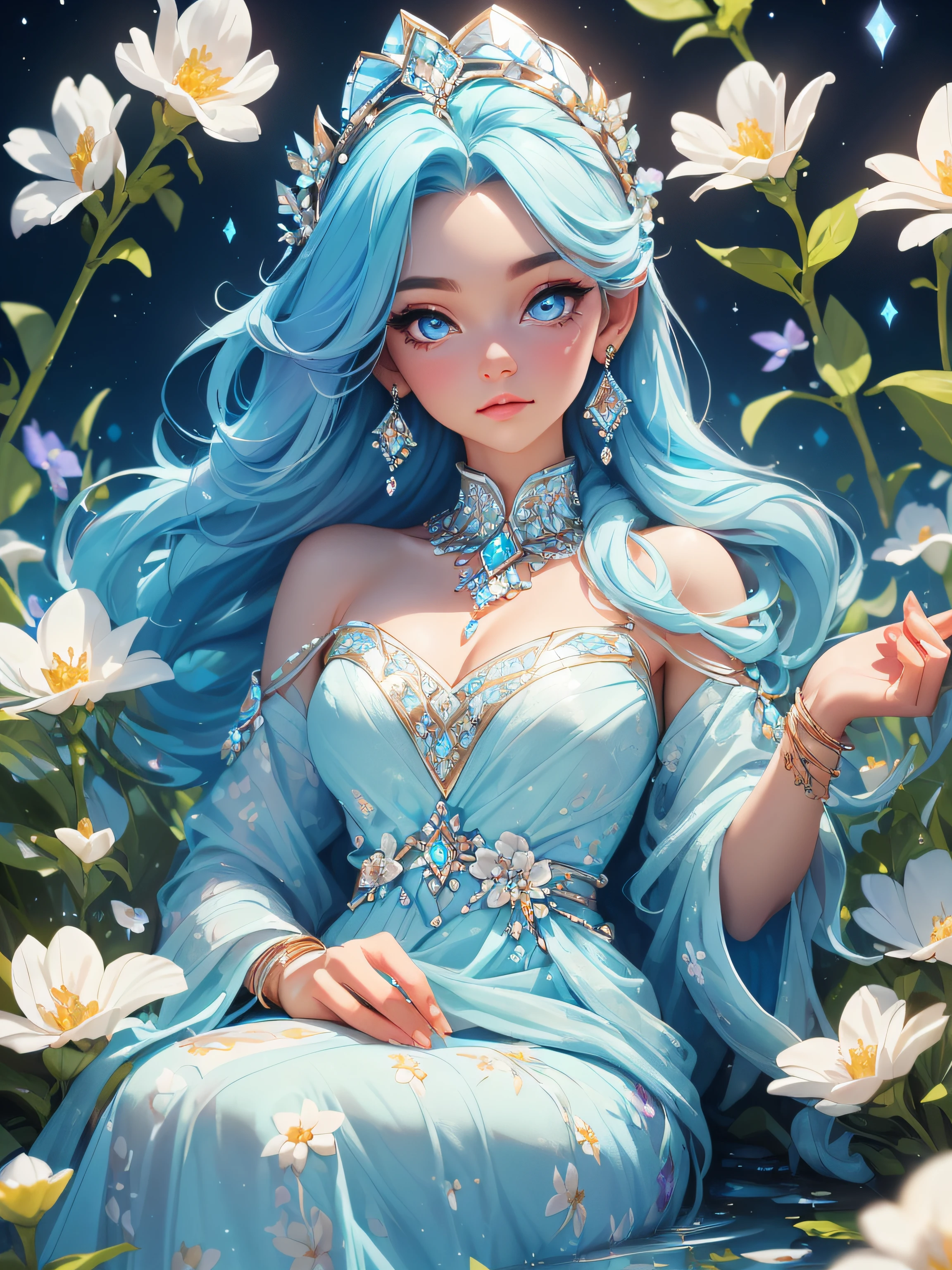 ((a close body portrait of an attractive beautiful goddess sitting beside a small stream surrounded by colorful flowers)), ((dressed in a long linen blue dress with decorations of crystal light blue pieces of jewelry and now white flowers.)) she has blue crystal eyes and long light blue hair sliding straight down her back)), (capture the scene and the ethereal grace of her surroundings, colorful flowers, wearing diamond crystal earrings and the blue moon up the far sky), best lighting effects, high quality, best quality, sharp focus, hyperdetailed, 8K, vibrant colors