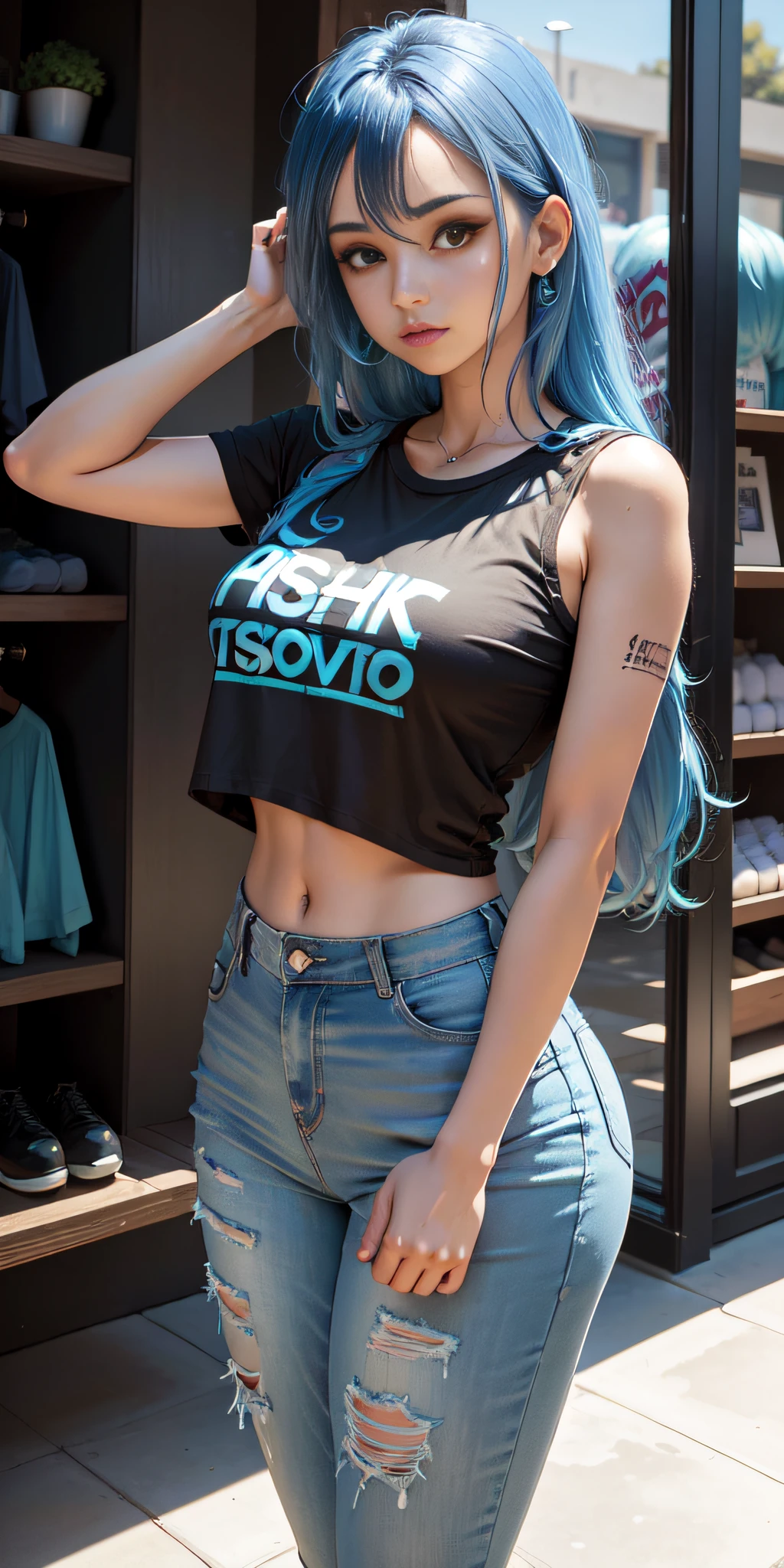 Chica con cabello azul claro atado acostada y sus brazos apoyados en su camiseta negra transparente sin mangas tiene  los ojos cerrado, pantaletas sexys del mismo color que su camiseta