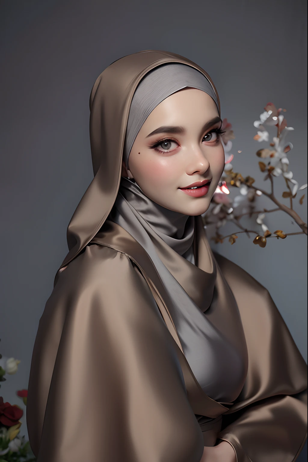 3dmm style, Masterpiece, best quality, photography, detailed skin, realistic, photo-realistic, 3D Character Design, pixar, real cartoon, 8k, highly detailed, full length frame, High detail RAW color art, diffused soft lighting, shallow depth of field, sharp focus, hyperrealism, cinematic lighting, ((close up)) hijab, a woman, beautifully makeup, brown beautiful big eyes, long eye lashes, wearing (Taupe satin hijab), loosely tide hijab style, gray satin robe, ((gray satin bra)), palazzo pants,