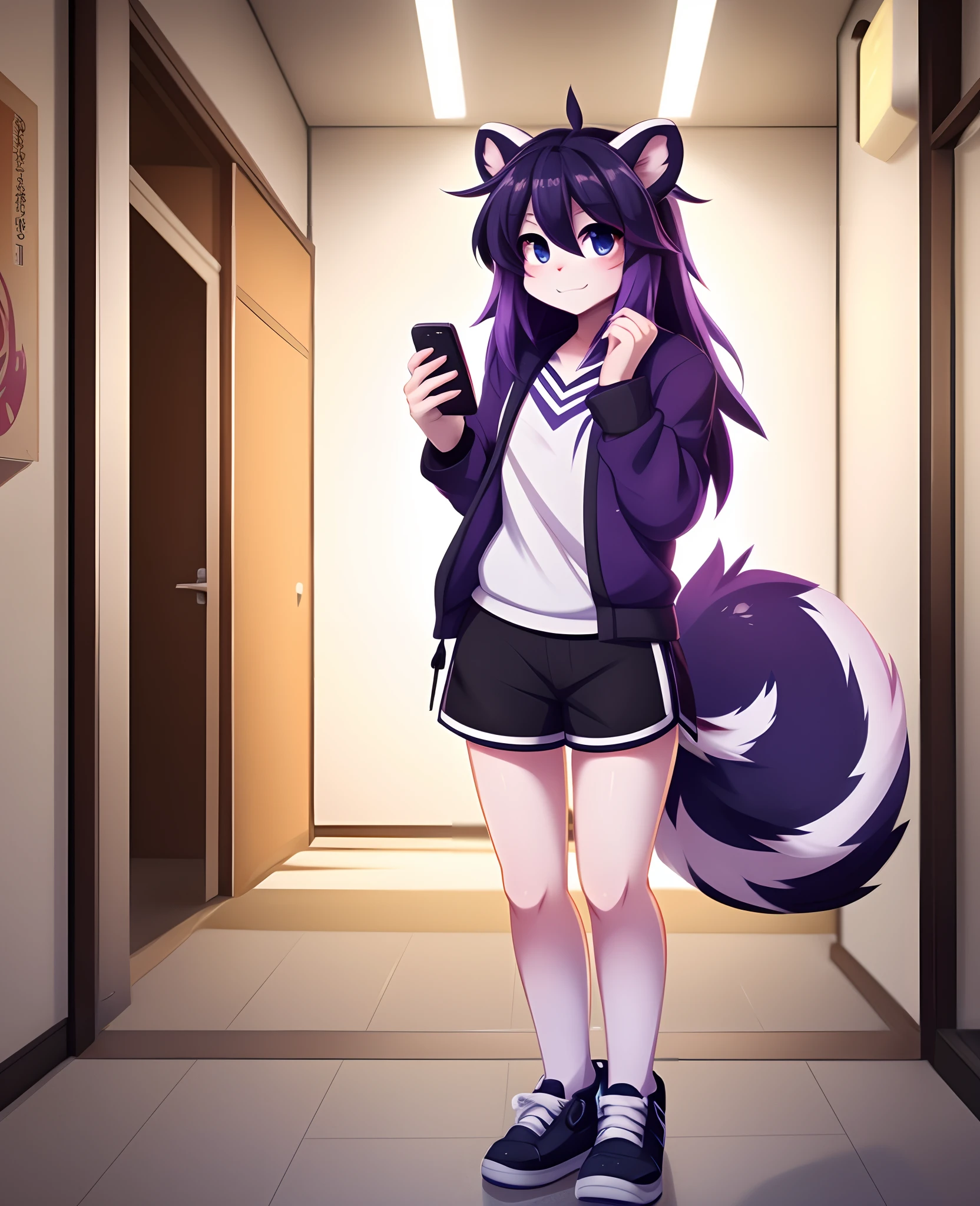 shikabane, purple fur, skunk girl, (Solo:1.3), Female Shikabane, cute face, cute body, standing in a dimly lit computer Internet cafe hallway, jitome, holding an iPhone, cellphone in one hand, (solo:1.3), highly detailed, black high top shoes, (short small cute tail:1.2), (only one cute tail:1.2), high resolution, bare legs, by hyattlen, by teranen, by fumiko, depressed, black shorts, (by Kilinah, by Coffeesoda, by Hioshiru, by Kilinah)