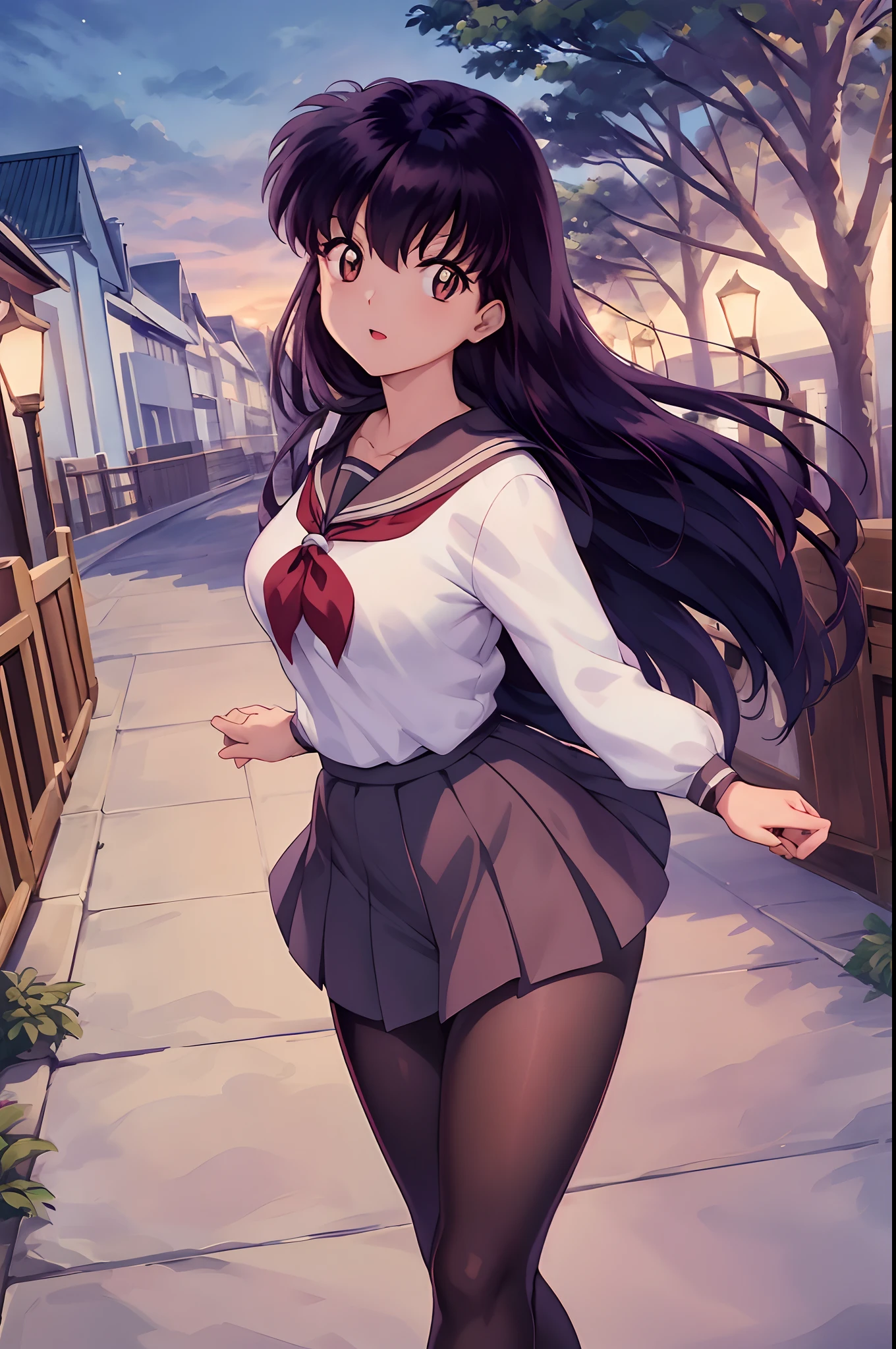 (best quality), 1Mulher,1Kagome Higurashi Menina, olhos castanhos, corpo inteiro, fotos realistas, (hiper-realista:1.2), olhos perfeitos, rosto perfeito, perfect lighting, ao ar livre, Cores quentes, cidade, uniformes escolares, Feliz, , ambulante,, sorrir, Pantyhose thighs