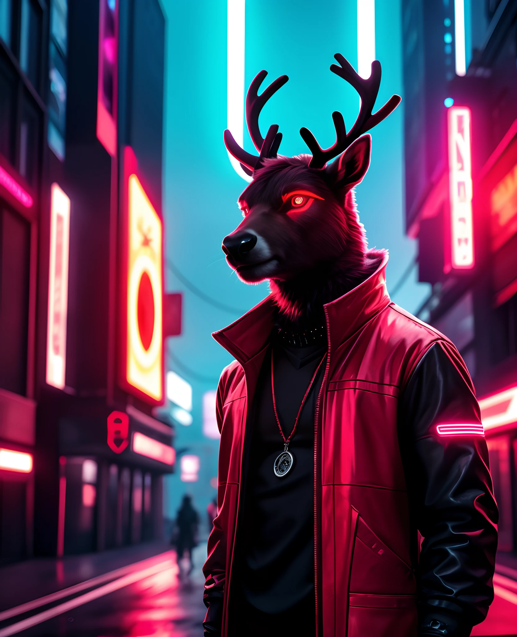 cyberpunk, portrait, male black reindeer, red neon eyes, wearing stylish [black|red] clothes standing in a city, (sunrize:1.4), road, intricate, phototealistic