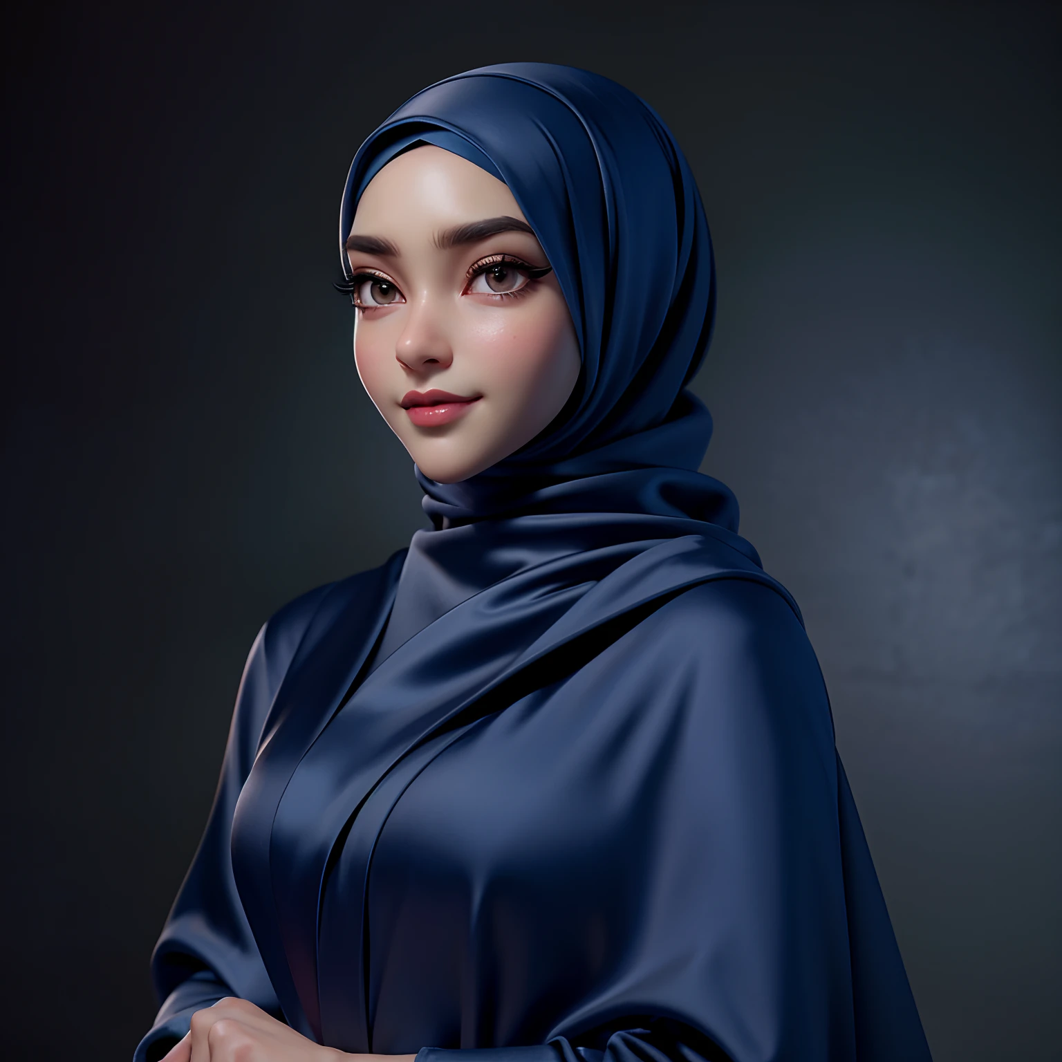 3dmm style, Masterpiece, best quality, photography, detailed skin, realistic, photo-realistic, 3D Character Design, pixar, real cartoon, 8k, highly detailed, full length frame, High detail RAW color art, diffused soft lighting, shallow depth of field, sharp focus, hyperrealism, cinematic lighting, ((close up)) hijab, a woman, beautifully makeup, brown beautiful big eyes, long eye lashes, wearing (Dark blue satin hijab), loosely tide hijab style, gray satin robe, ((gray satin bra)), palazzo pants,