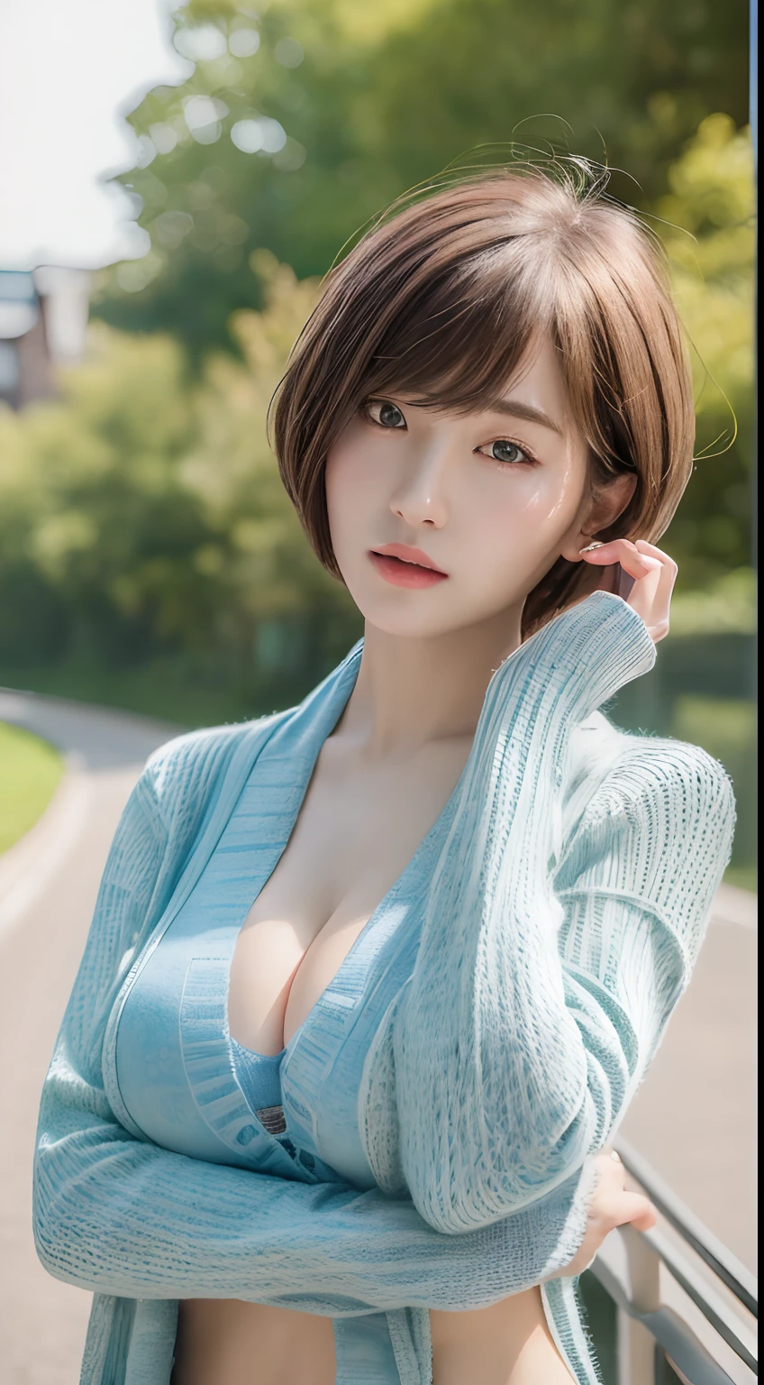 ((Best quality, 8k, Masterpiece :1.3)), 1girl, Pretty woman with slender abs :1.3, (Medium-short hair, Huge breasts :1.2), Cardigan :1.1, Ultra-detailed face, Detailed eyes, Double eyelid