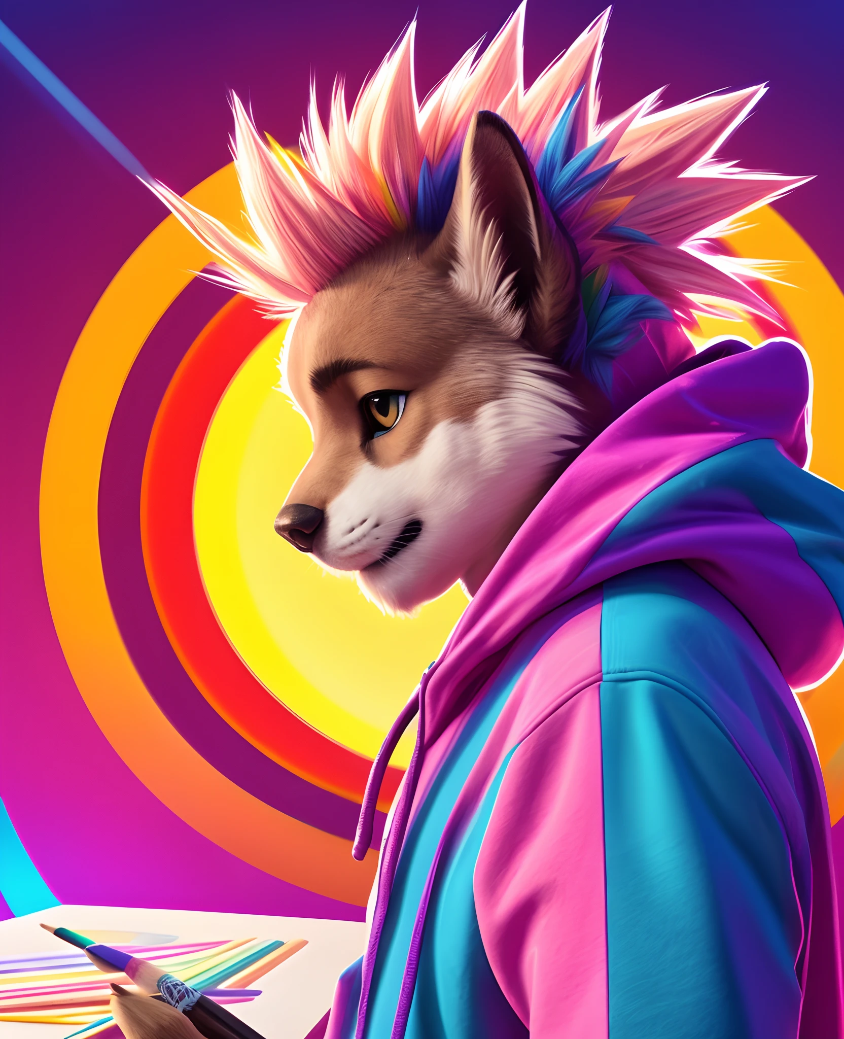 (rexouium:1.2), colorful scene, cute, dynamic scene, swaggy, drawing, round, abstract colorful background, close up portrait, spiky hairs, vibrant colors, glowing patterns, hoodie, pastel, rim lights, three-quarter view,