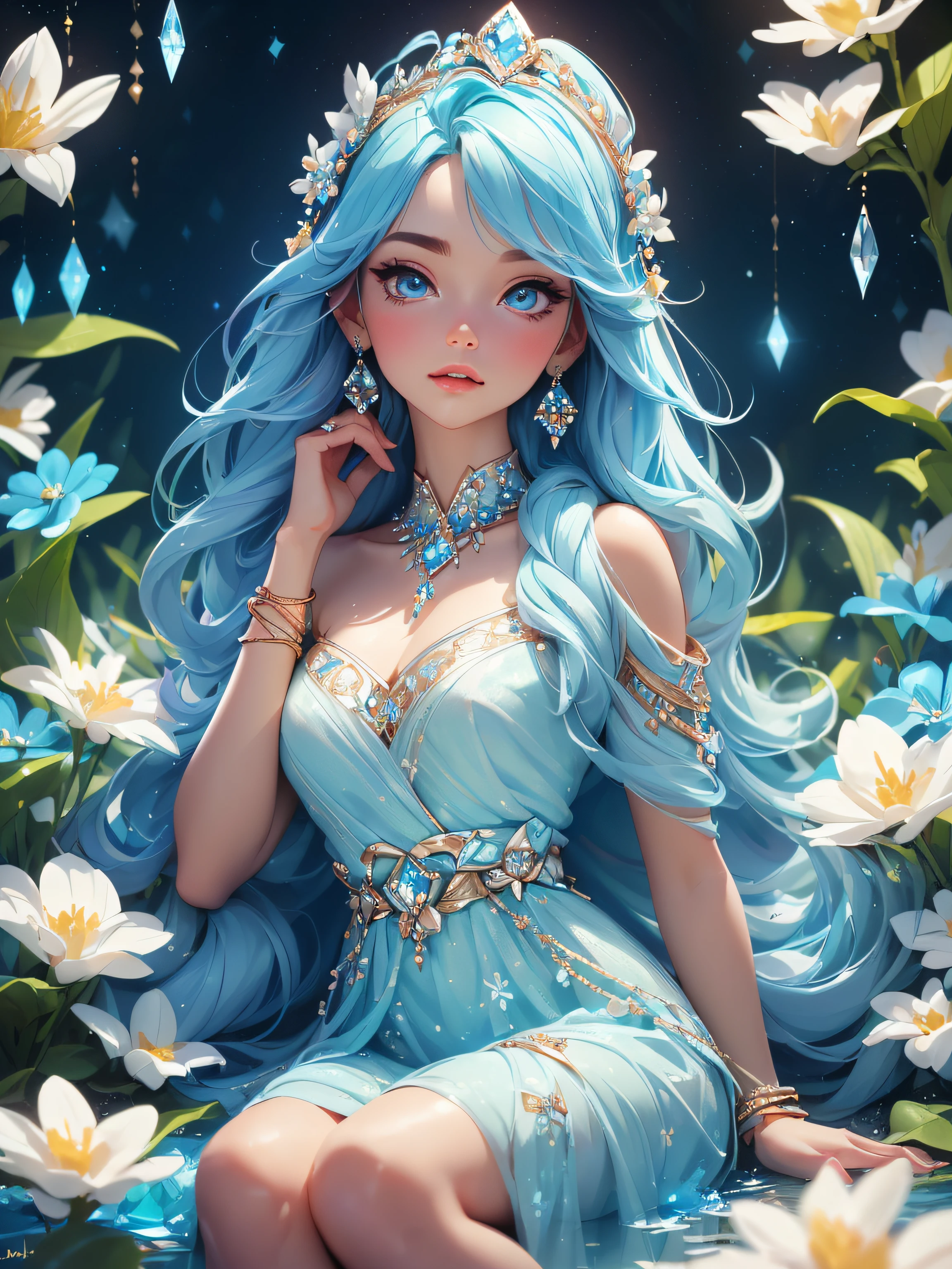 ((a close body portrait of an attractive beautiful goddess sitting beside a small stream surrounded by colorful flowers)), ((dressed in a long linen blue dress with decorations of crystal light blue pieces of jewelry and now white flowers.)) she has blue crystal eyes and long light blue hair sliding straight down her back)), (capture the scene and the ethereal grace of her surroundings, colorful flowers, wearing diamond crystal earrings and the blue moon up the far sky), best lighting effects, high quality, best quality, sharp focus, hyperdetailed, 8K, vibrant colors
