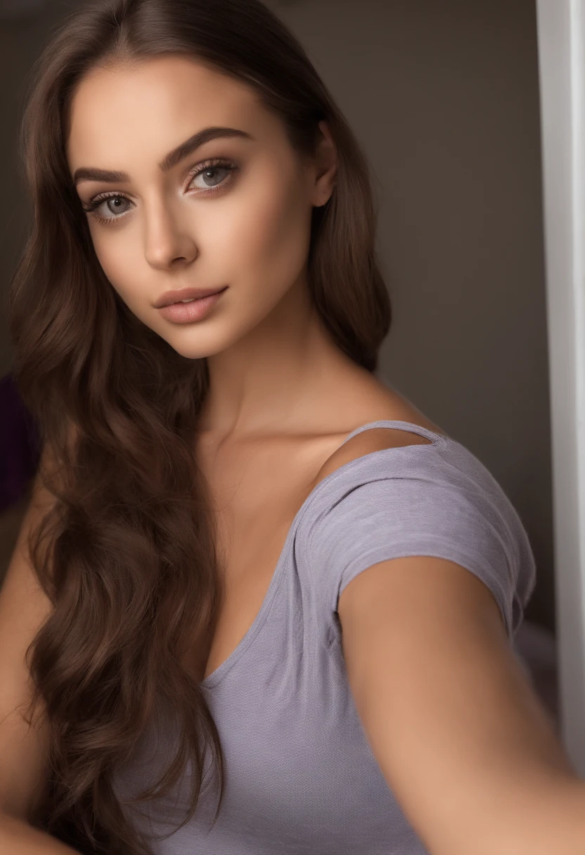 arafed woman with matching tank top and panties, sexy girl with brown eyes, portrait sophie mudd, brown hair and large eyes, selfie of a young woman, bedroom eyes, violet myers, without makeup, natural makeup, looking directly at the camera, face with artgram, subtle makeup, stunning full body shot, in bedroom, cleavage