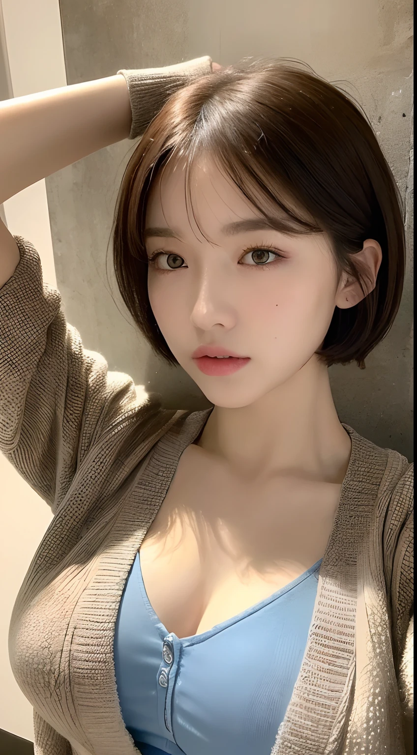 masutepiece, Best Quality, Illustration, Ultra-detailed, finely detail, hight resolution, 8K Wallpaper, Perfect dynamic composition, Beautiful detailed eyes, Natural Lip, Red knitted dress , small breasts, cleavage, open shirt.