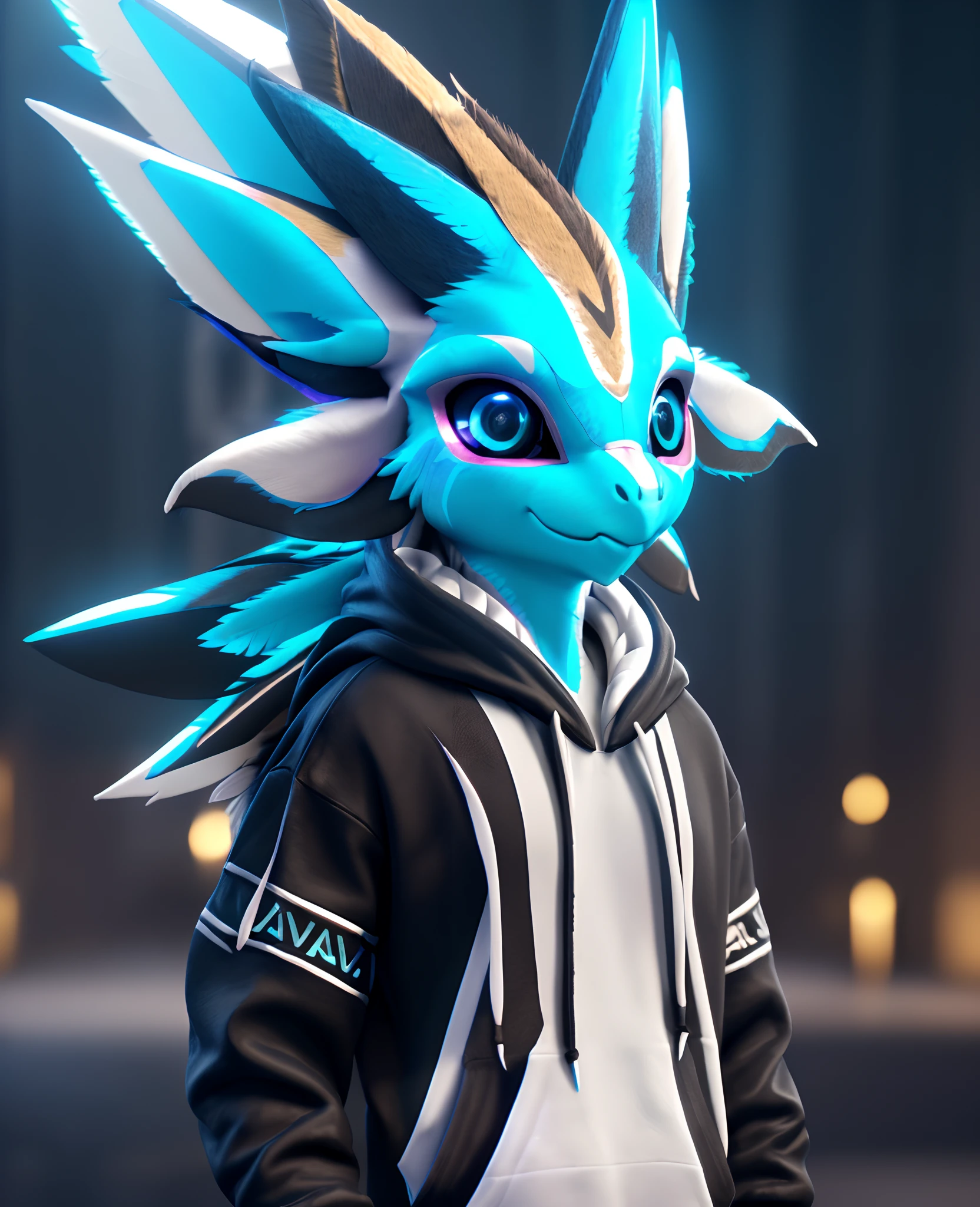 ((((((avali, davali))), standing, hoodie, smiling, feathers))), white glowing patterns, black and white glowing hairs, (white glowing feathers and ears, big eyes, black eyes, cute, hoodie, focus, very blurry background, dust), unreal engine 5 quality render, a 3D render, realistic lighs, ultra detailed, eonn