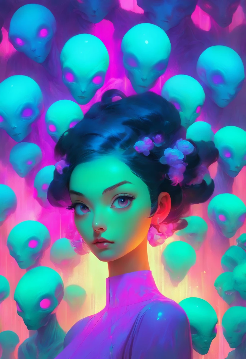 a woman standing in front of a group of alien heads, glowing neon colors purple, turquoise, green iridicent inspired by Yanjun Cheng, inspired by Russell Dongjun Lu, beeple and james jean, by Russell Dongjun Lu, surreal painting, emotional surrealist art, yuri shwedoff and tom bagshaw, inspired by Jean Malouel, surrealism aesthetic, tom bagshaw style