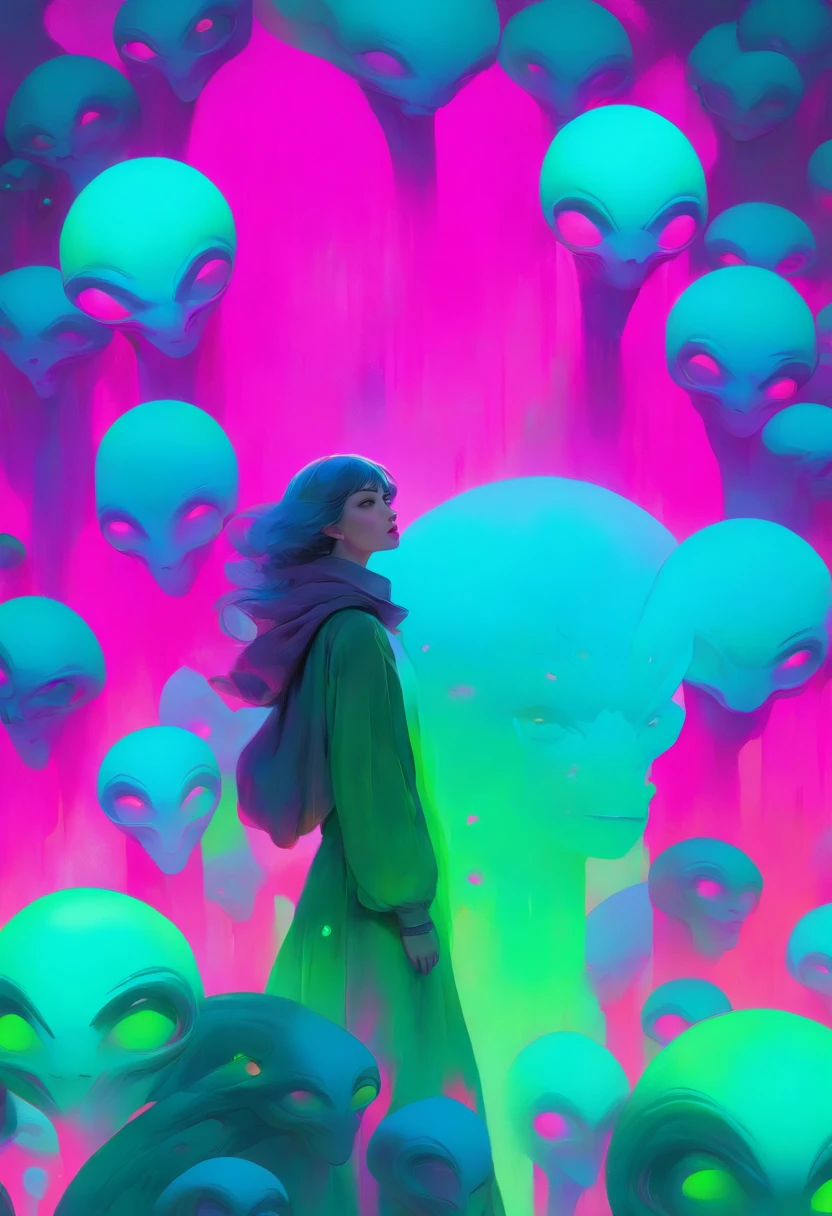 a woman standing in front of a group of alien heads, glowing neon colors purple, turquoise, green iridicent  inspired by Yanjun Cheng, inspired by Russell Dongjun Lu, beeple and james jean, by Russell Dongjun Lu, surreal painting, emotional surrealist art, yuri shwedoff and tom bagshaw, inspired by Jean Malouel, surrealism aesthetic, tom bagshaw style