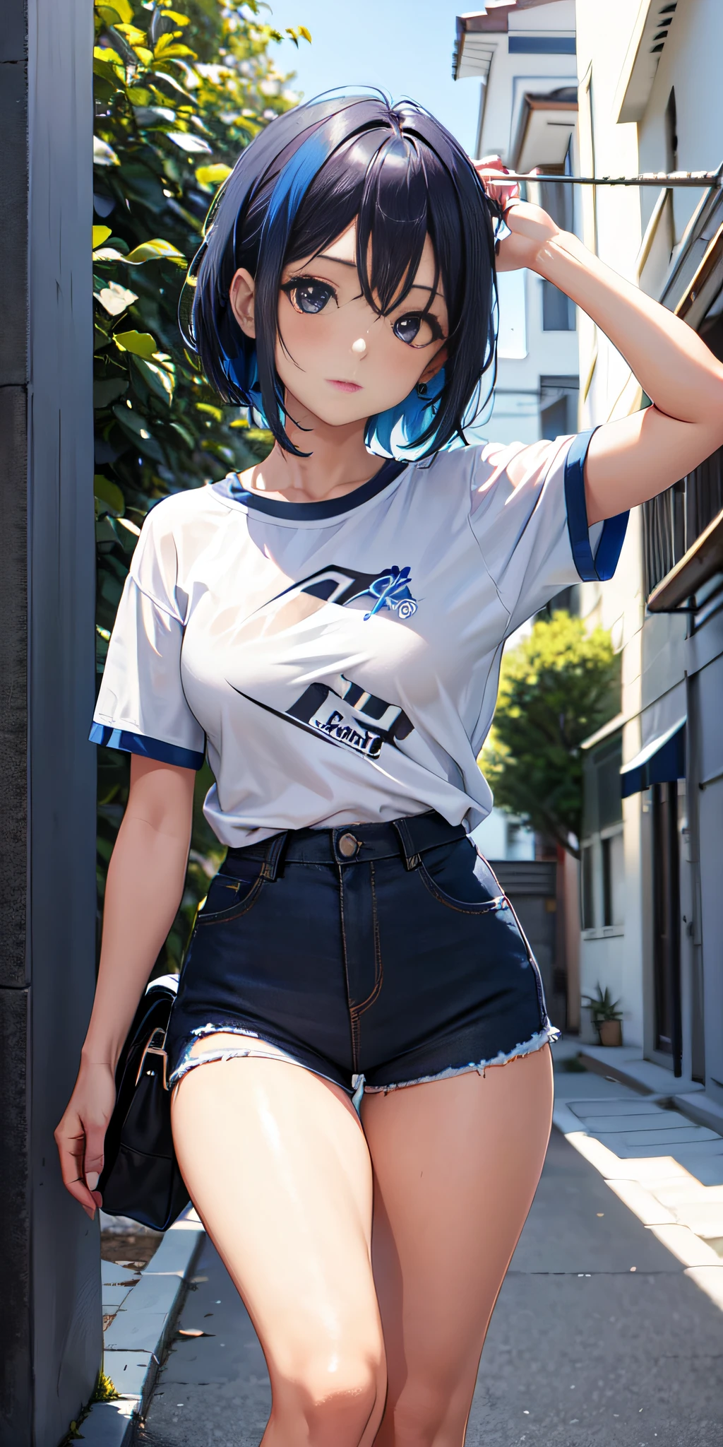 Chica con cabello azul claro atado acostada y sus brazos apoyados en su camiseta negra transparente sin mangas tiene los ojos cerrado, pantaletas sexys del mismo color que su camiseta