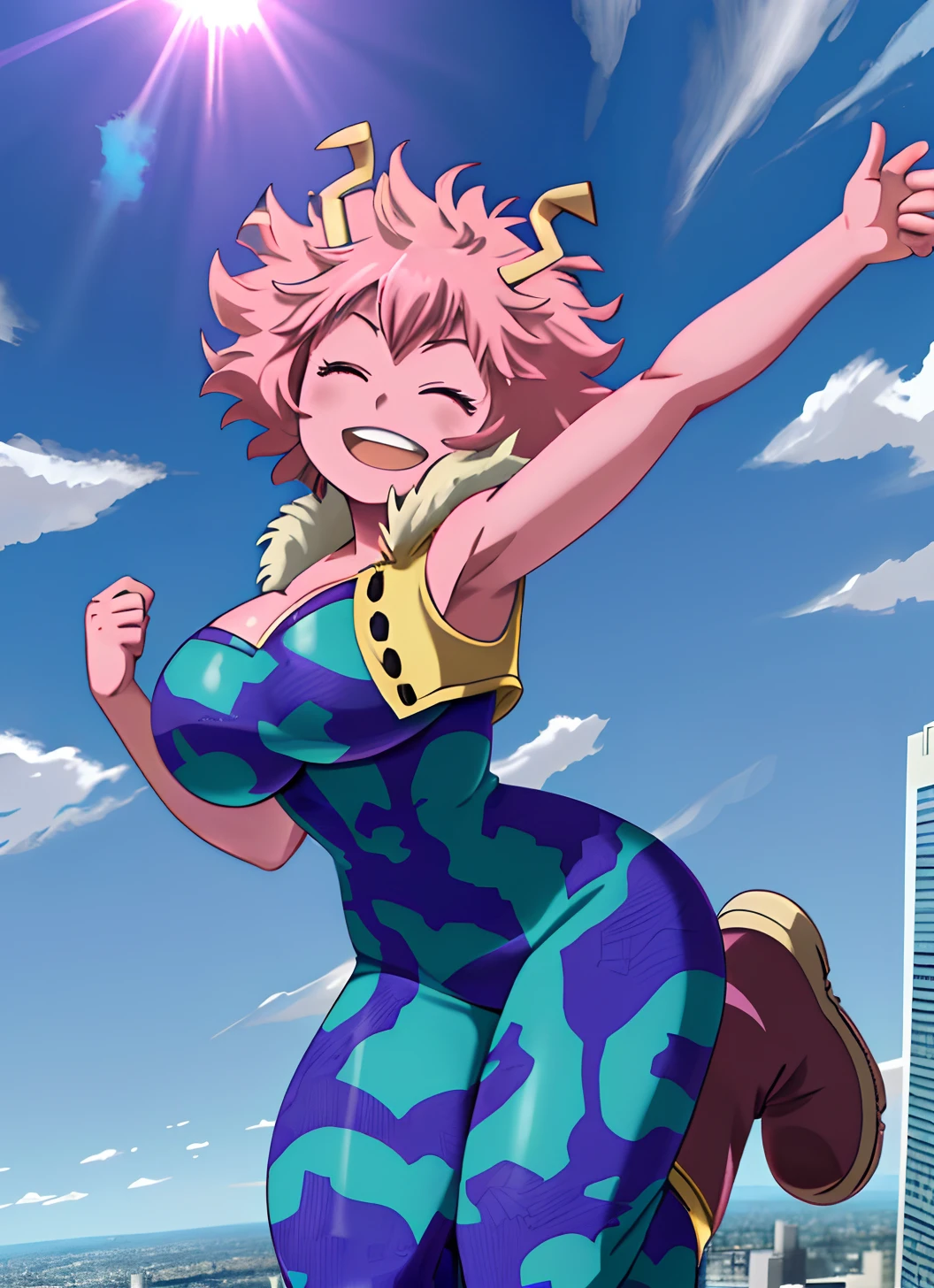 [mina ashido], [Boku no hero academia], ((masterpiece)), ((solo portrait)), ((back view)), ((cute)), ((High definition)), ((anime)), ((Kohei Horikoshi)), ((beautiful render art)), ((detailed shading)), ((cel shading)), ((intricate details)), {mina ashido; (pink skin), (curly yellow horns), long eyelashes, eyes closed, curly pink hair, short eyelashes, large boobs, (beautiful slightly muscular legs), (excited smile), (white teeth), (blushing)}, {(hero costume), (blue and purple jumpsuit), (yellow sleeveless jacket), (fluffy collar), (violet boots)}, {(dynamic pose), (looking at viewer)}, [Background; (city), (blue sky), (sun rays)]