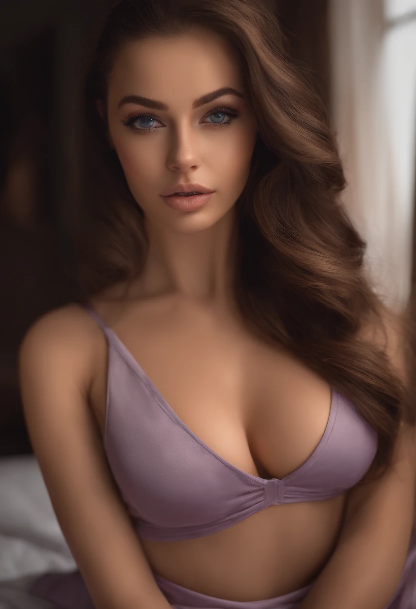 arafed woman fully , sexy girl with blue eyes, ultra realistic, meticulously detailed, portrait sophie mudd, brunette hair and sexy eyes, selfie of a young woman, bedroom eyes, violet myers, with makeup, natural makeup, looking directly at the camera, face with artgram, subtle makeup, stunning full body shot, in club, large size bust