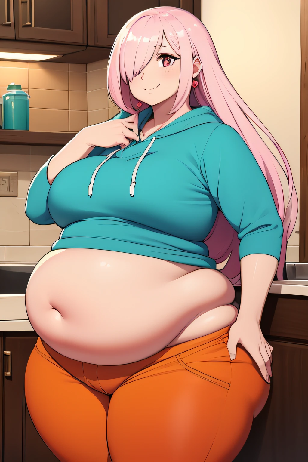 Master, high quality, best quality, beautiful, HD, perfect lighting, (detailed face), (detailed body), ((1girl)), ((solo)), (((chubby))), ((fat)), ((tummy bulge)), ((((big belly)))), plump, belly, she has gained weight, modern house, kitchen, (stretched out belly), ((full belly)), (((bloated))), long white hair, (fluffy hair),flowing hair, ((hair covering one eye)), pink eye, smile, turquoise hoodie, orange pants, red sneakers
