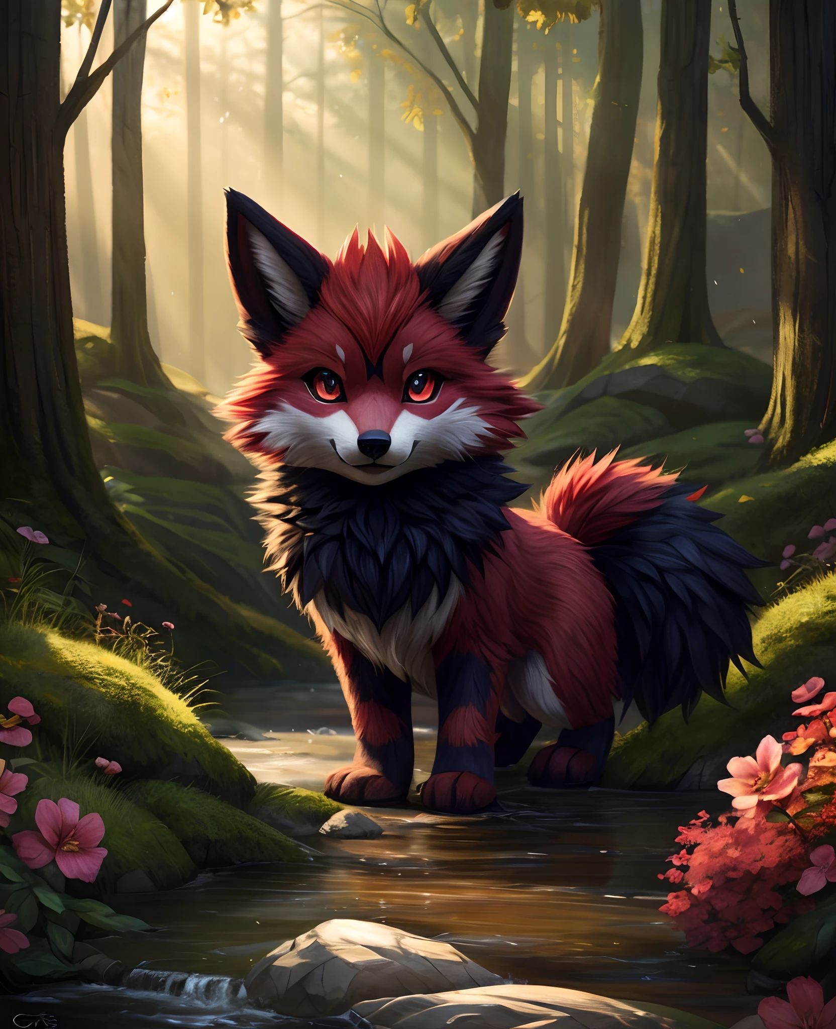 araffe with red hair and a furry tail in the woods, very very beautiful furry art, dramatic cinematic detailed fur, furry art, furry fantasy art, loish and wlop, anthro art, furry wolf, pov furry art, furry art!!!, kemono, 🌺 cgsociety, furry mawshot art, loish |, zorua pokemon, detailed fanart,