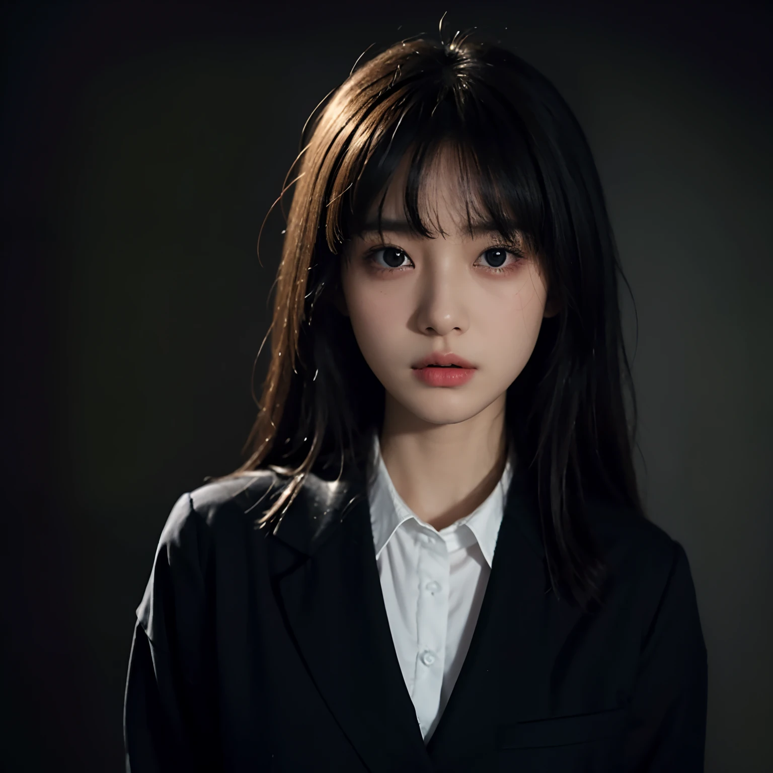 masterpiece、best qualtiy、(Dark photograph: 1.3)、Photorealsitic、1girl、Flat bangs、Stunning innocent symmetrical face、The shirt、emotional、Orchan、(PureErosFace_V1:0.7)、Uniform Blazer、