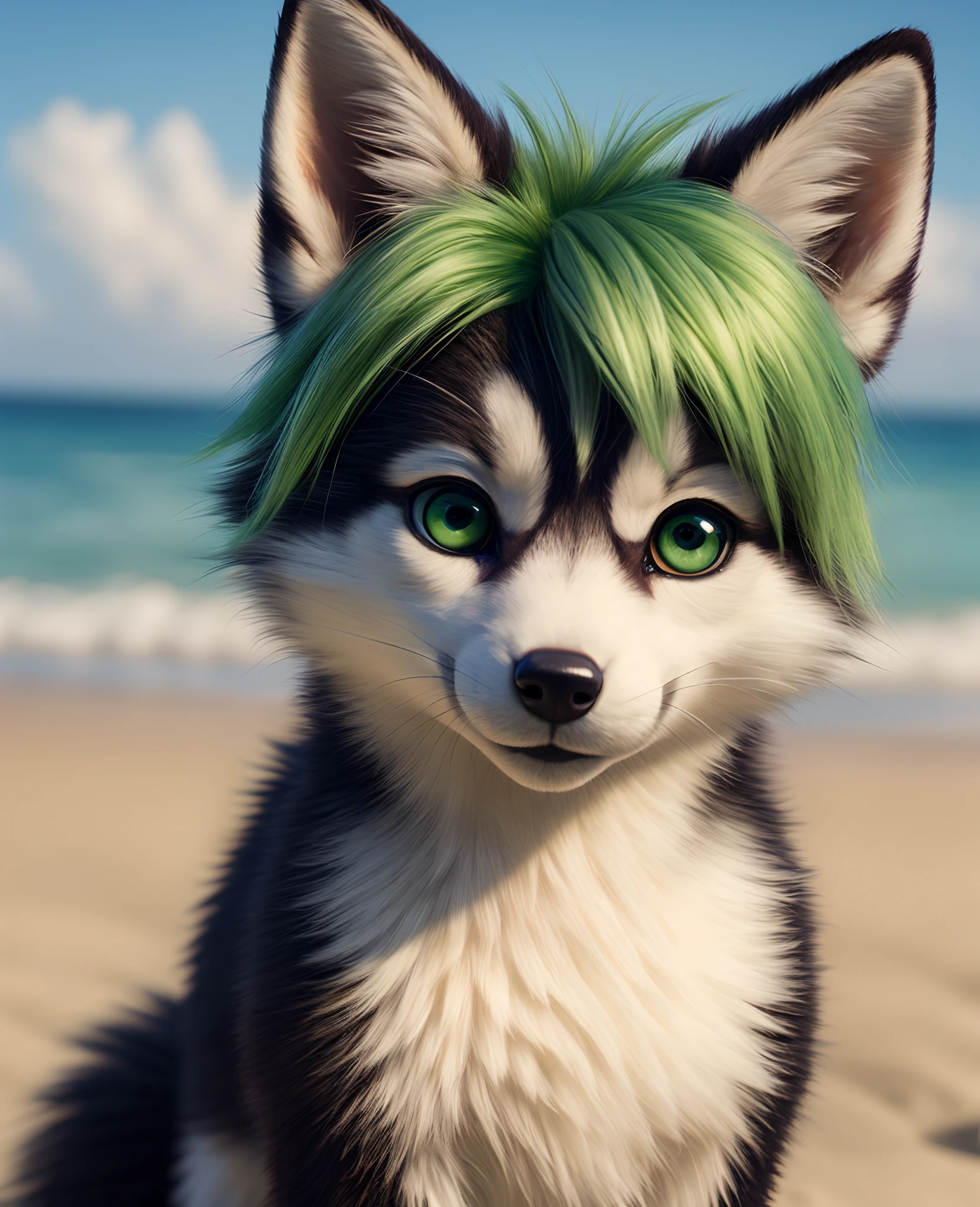 Husky, green hair, [green eyes], glistening eyes, happy, smile, fluffy, looking at viewer, female, beach scene, (white sclera), big pupils, BREAK, uploaded on e621, (by silverfox5213:1.2), (high detail, film photography, soft focus, RAW candid cinema, photorealism, realistic, photorealistic, analog style, subsurface scattering, masterpiece, best quality, ultra realistic, 8k),,