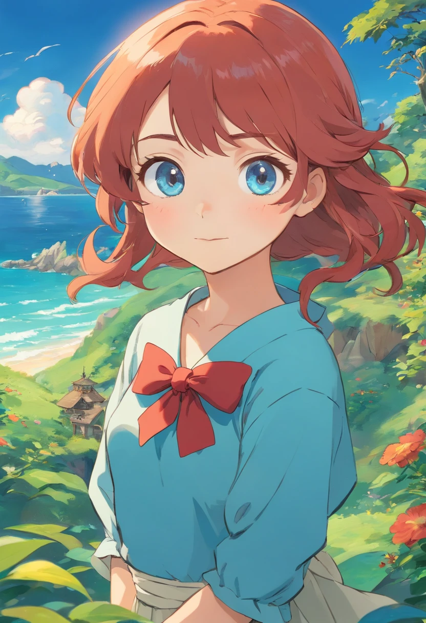 uma menina chibi, olhos amarelos. Cabelos vermelhosl usando um vestido fofo azul, {{olhos amarelos e cabelos vermelhos}}, no estilo de paisagens de jardim tranquilas, animated color photos, Masami Teraoka, aquamarine, Paulo Gauguin, Estilo Embry, retrato honesto