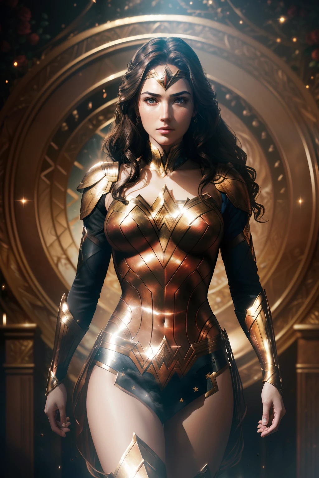 Realistic beauty astonish Wonder Woman (((Alan Lee aesthetic style))) in sci-fi highly detailed golden & black armor, surrounded by roses, (beautiful detailed eyes, symmetrical eyes, (detailed face), dramatic lighting, (photorealism, photorealistic:1. 4), (8k, RAW photo, masterpiece), High detail RAW color photo, realistic, (highest quality), (best shadow), (best illustration), ultra high resolution, highly detailed CG unified 8K wallpapers, physics-based rendering, hyperrealism, rich colors, hyper-realistic lifelike texture, cinestill 800)