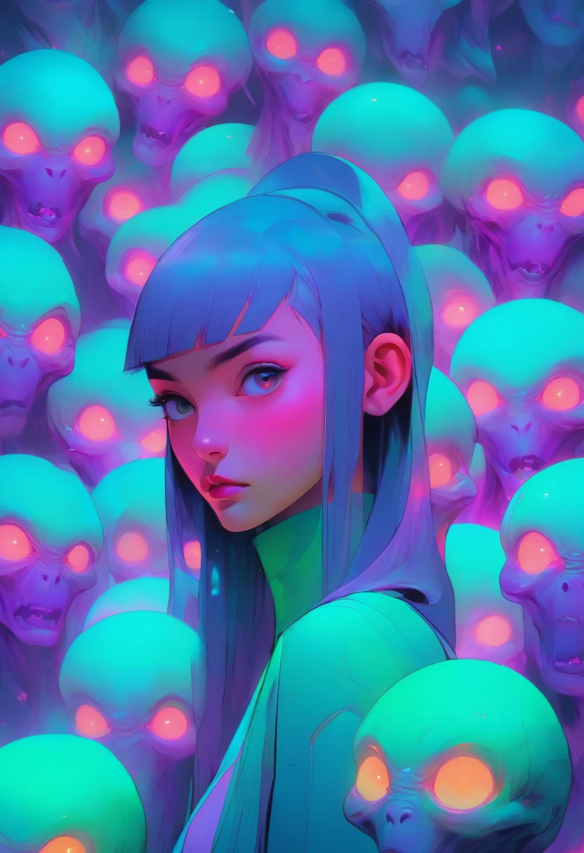 a woman standing in (((front))) face  of a group of alien heads, glowing neon colors purple, turquoise, green iridicent inspired by Yanjun Cheng, inspired by Russell Dongjun Lu, beeple and james jean, by Russell Dongjun Lu, surreal painting, emotional surrealist art, yuri shwedoff and tom bagshaw, inspired by Jean Malouel, surrealism aesthetic, tom bagshaw style