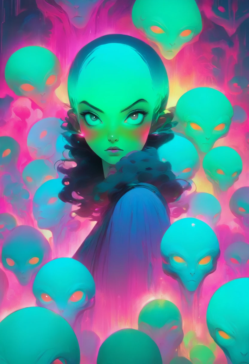 a woman standing in (((front))) face of a group of alien heads, glowing neon colors purple, turquoise, green iridicent inspired by Yanjun Cheng, inspired by Russell Dongjun Lu, beeple and james jean, by Russell Dongjun Lu, surreal painting, emotional surrealist art, yuri shwedoff and tom bagshaw, inspired by Jean Malouel, surrealism aesthetic, tom bagshaw style