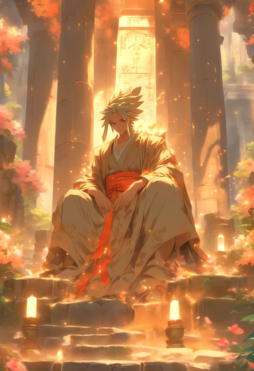 the best quality, very high resolution, detailed 4K CG, master piece,A man sitting on a stone, oracle,soft smoke,seer,fortune teller,beautiful aesthetic,Huge pillars and flowers,Beautiful image,Beautiful ancient ruins in the back,