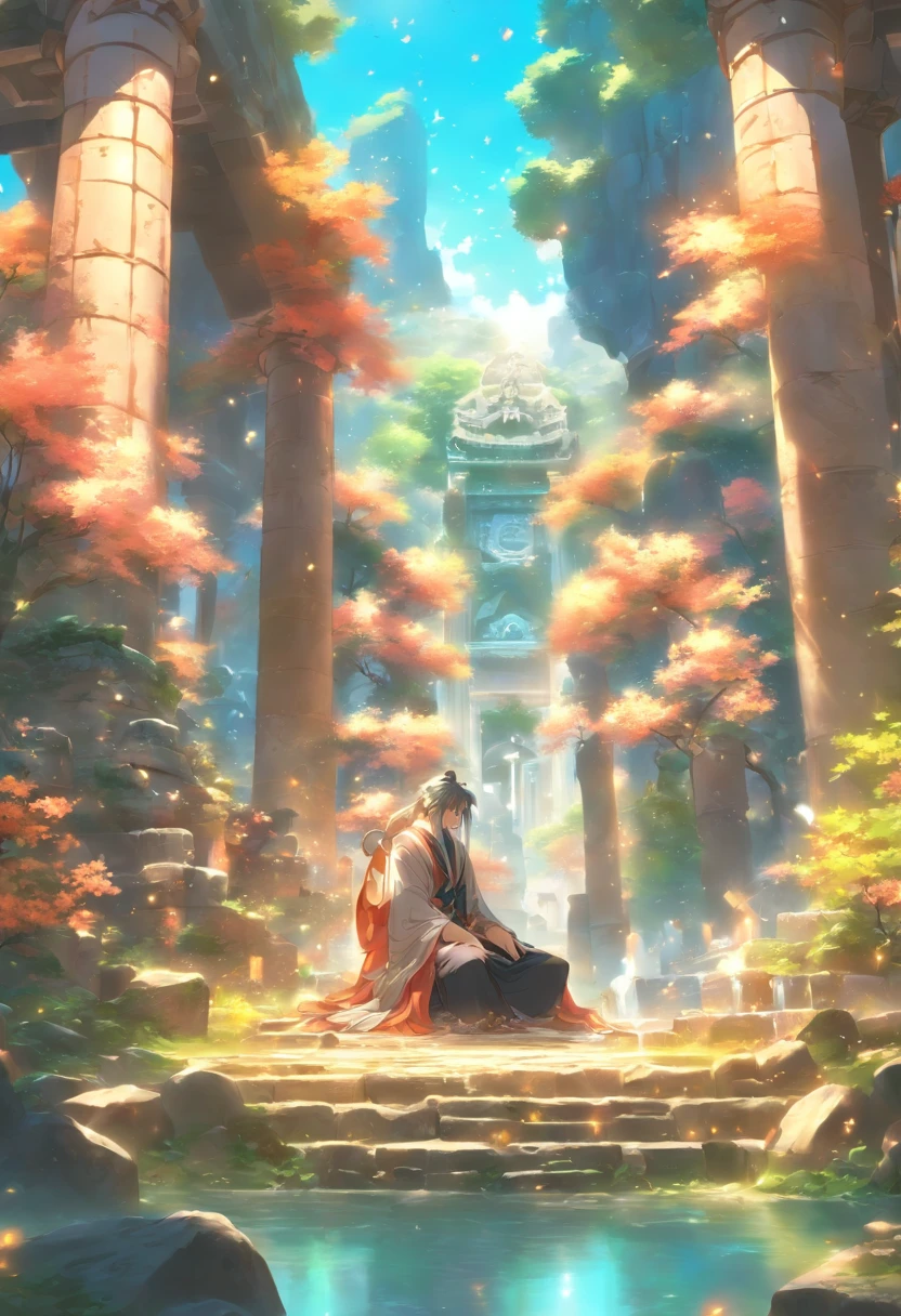 the best quality, very high resolution, detailed 4K CG, master piece,A man sitting on a stone, oracle,soft smoke,seer,fortune teller,beautiful aesthetic,Huge pillars and flowers,Beautiful image,Beautiful ancient ruins in the back,