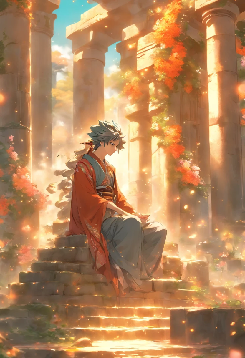 the best quality, very high resolution, detailed 4K CG, master piece,A man sitting on a stone, oracle,soft smoke,seer,fortune teller,beautiful aesthetic,Huge pillars and flowers,Beautiful image,Beautiful ancient ruins in the back,