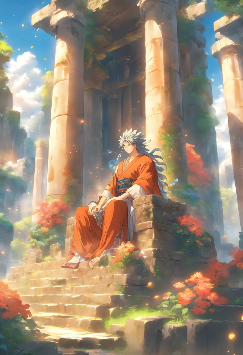 the best quality, very high resolution, detailed 4K CG, master piece,A man sitting on a stone, oracle,soft smoke,seer,fortune teller,beautiful aesthetic,Huge pillars and flowers,Beautiful image,Beautiful ancient ruins in the back,