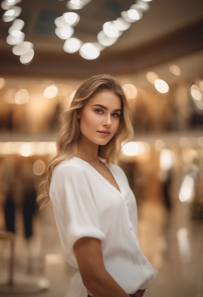 (Mikayla Demaiter) person posing in a mall clothing store, best quality, 1girl, blur background, bokeh, (mall:1.4), ((wearing a white shirt)), gorgeous,, beautiful detailed sky, (dynamic pose:1), soft lighting, wind, ((portrait:1.4)),