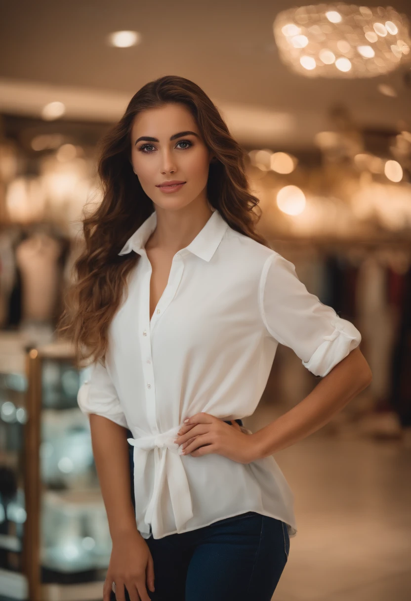 (Mikayla Demaiter) person posing in a mall clothing store, best quality, 1girl, blur background, bokeh, (mall:1.4), ((wearing a white shirt)), gorgeous,, beautiful detailed sky, (dynamic pose:1), soft lighting, wind, ((portrait:1.4)),