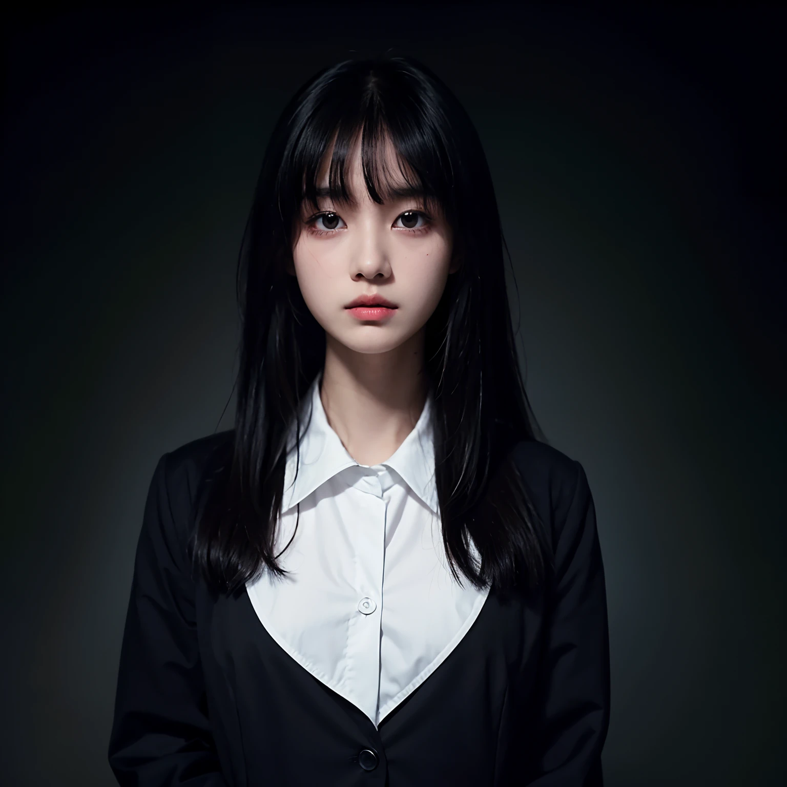 masterpiece、best qualtiy、(Dark photograph: 1.3)、Photorealsitic、1girl、Flat bangs、Stunning innocent symmetrical face、The shirt、emotional、Orchan、(PureErosFace_V1:0.7)、Uniform Blazer、