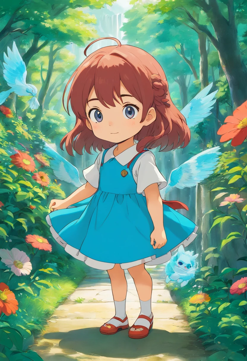 uma menina chibi, usando um vestido fofo azul, {{olhos amarelos e cabelos vermelhos}}, no estilo de paisagens de jardim tranquilas, animated color photos, Masami Teraoka, aquamarine, Paulo Gauguin, Estilo Embry, retrato honesto