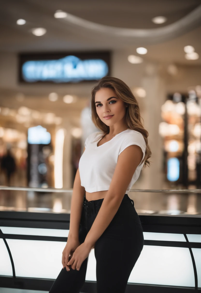 (Mikayla Demaiter) person posing in a mall clothing store, best quality, 1girl, blur background, bokeh, (mall:1.4), ((wearing a white shirt)), gorgeous,, beautiful detailed sky, (dynamic pose:1), soft lighting, wind, ((portrait:1.4)),