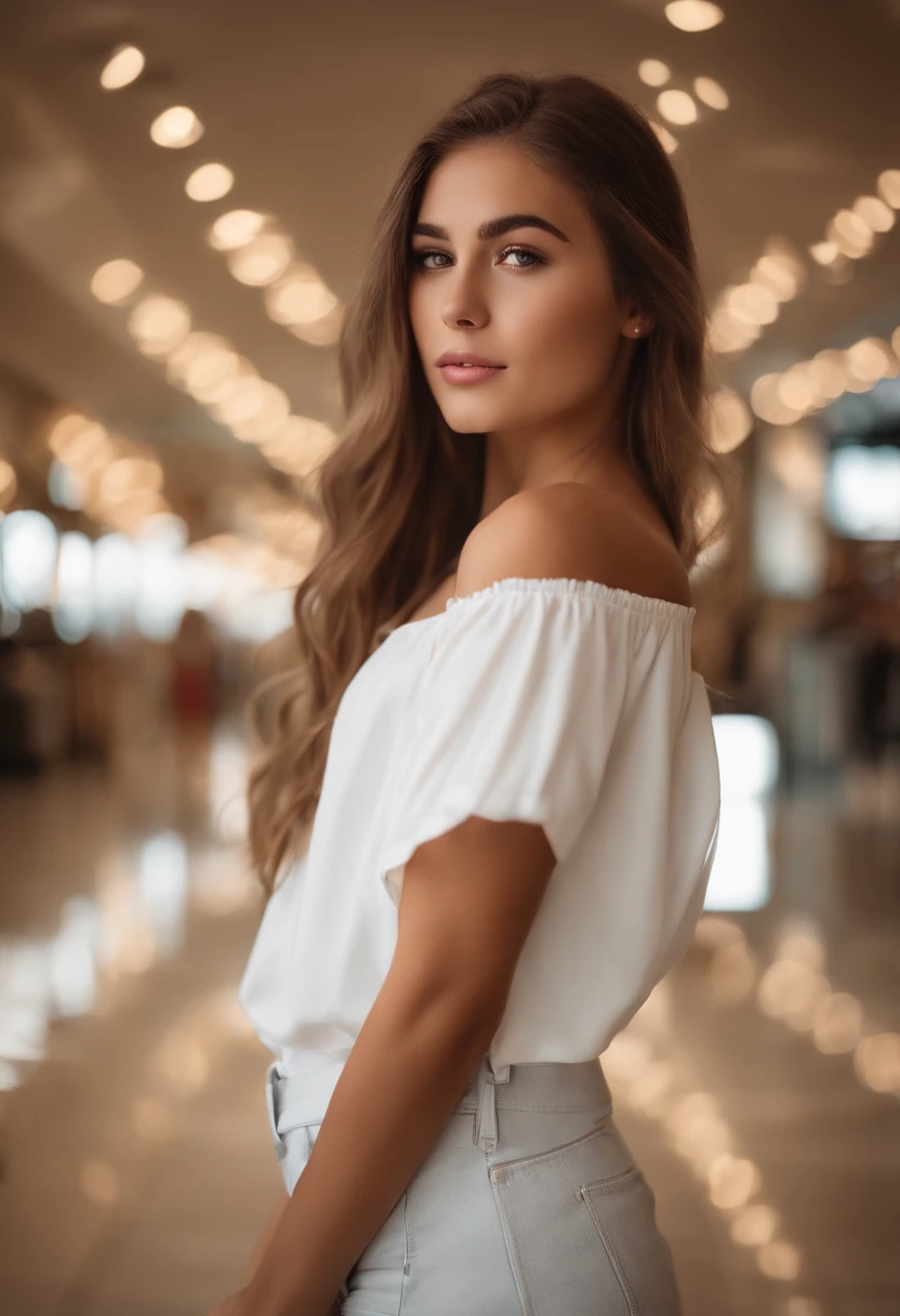 (Mikayla Demaiter) person posing in a mall clothing store, best quality, 1girl, blur background, bokeh, (mall:1.4), ((wearing a white shirt)), gorgeous,, beautiful detailed sky, (dynamic pose:1), soft lighting, wind, ((portrait:1.4)),