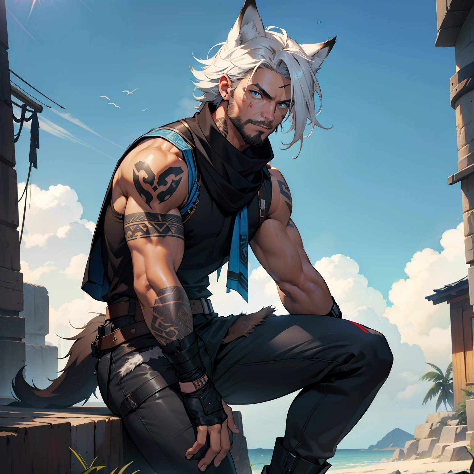 lightly muscled male with short beard and ((he has dark brown tanned skin)), ((he has a 20inch waist)), has long flowing white hair, has wolf ears, has wolf tail, wearing military leather pants, wearing black military boots, wearing a plain white tee, solo, alone, has glowing blue eyes, ((covered in blue tribal tattoos)), wearing a bandana and wrist bands, wearing fingerless gloves, all his clothes has red accents