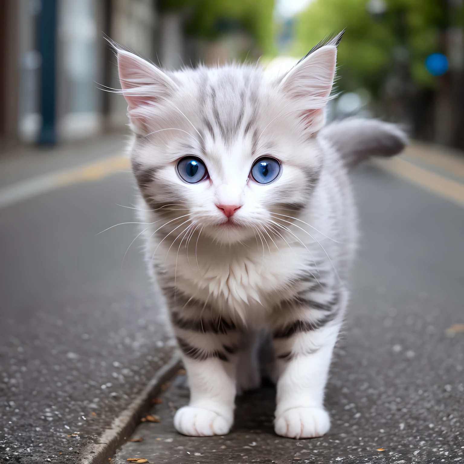 A fluffy, A white,Gray Eyes Kitten , standing on the street
